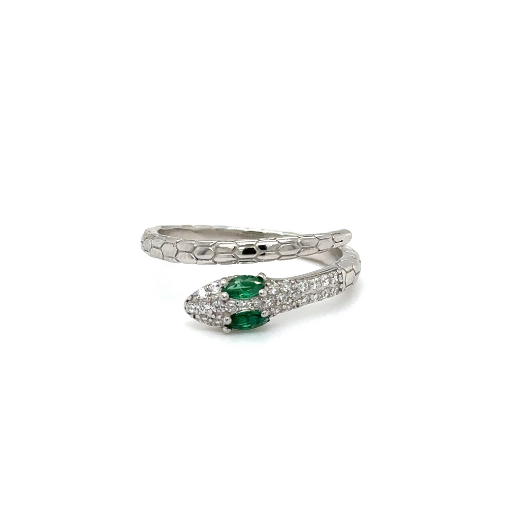 
                  
                    A stunning adjustable Cubic Zirconia snake ring featuring exquisite emerald eyes.
                  
                