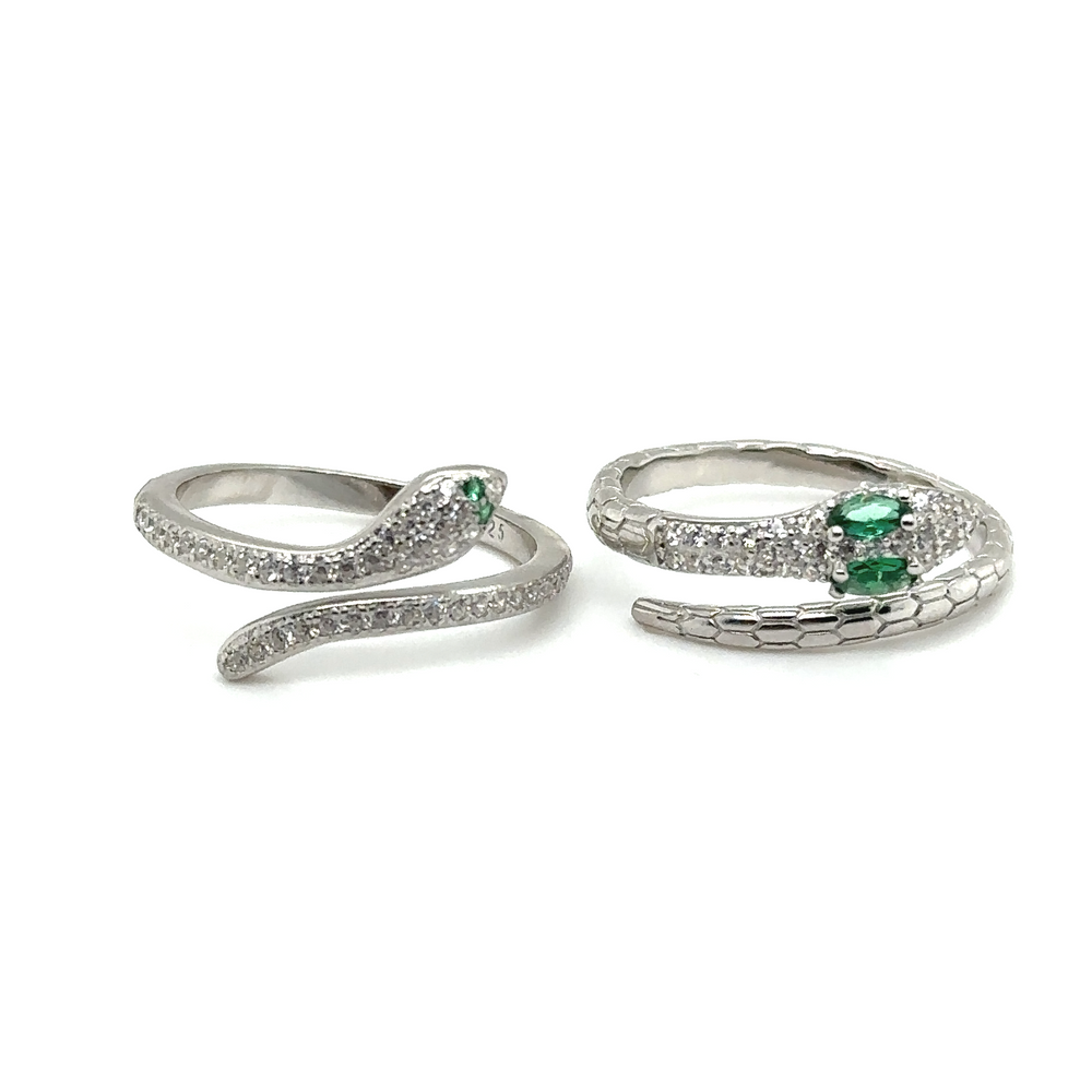 Two Adjustable Cubic Zirconia Snake Rings with emerald stones in Sterling Silver.