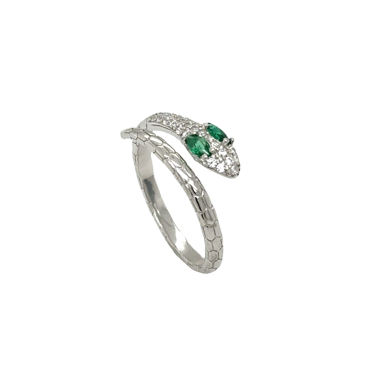
                  
                    An Adjustable Cubic Zirconia Snake Ring adorned with emerald stones and crafted from sterling silver.
                  
                
