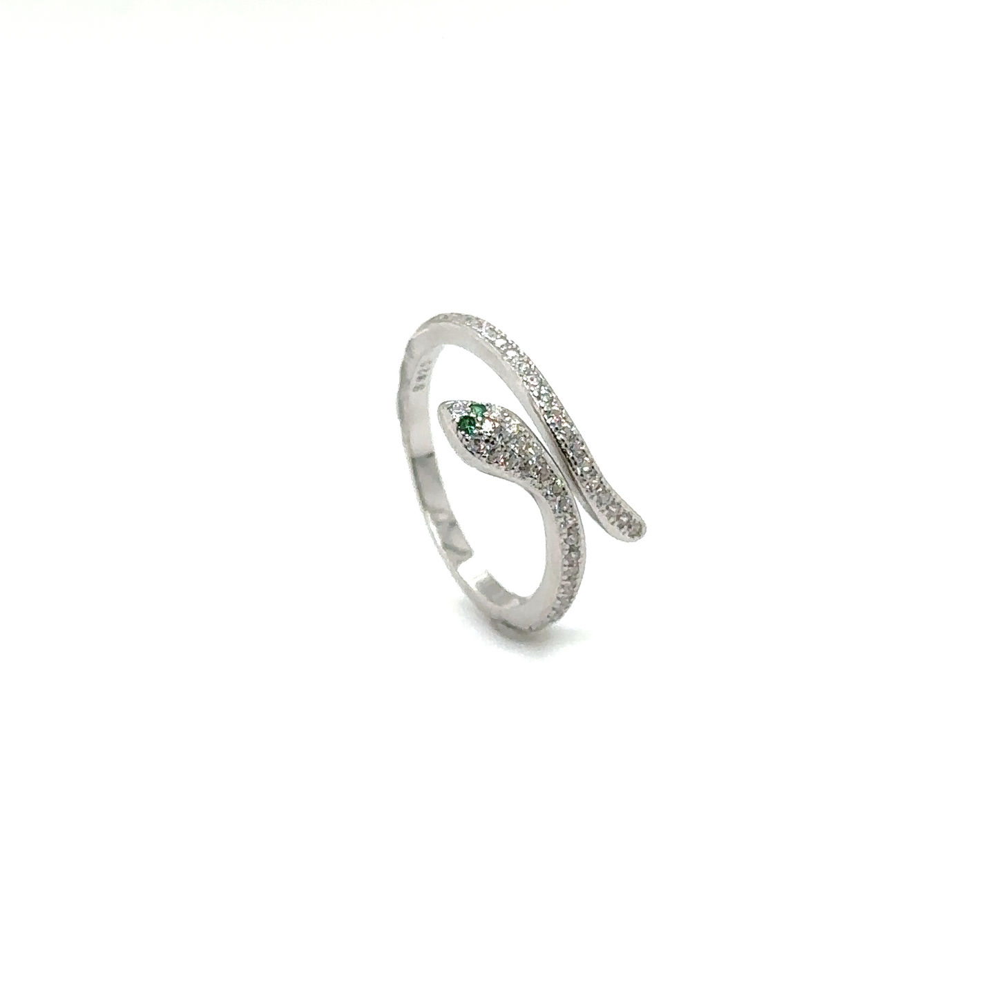 
                  
                    An Adjustable Cubic Zirconia Snake Ring adorned with emerald stones on a white background.
                  
                
