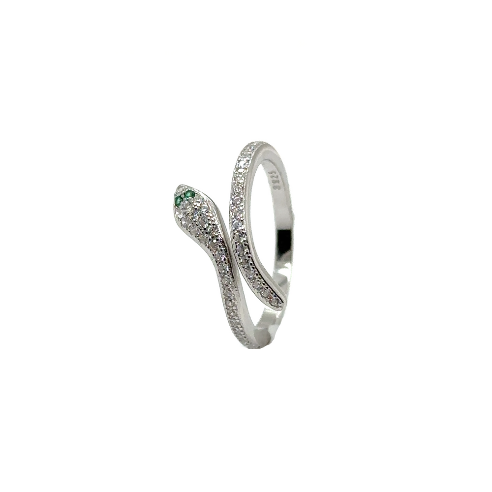 
                  
                    An Adjustable Cubic Zirconia snake ring adorned with emeralds and diamonds.
                  
                