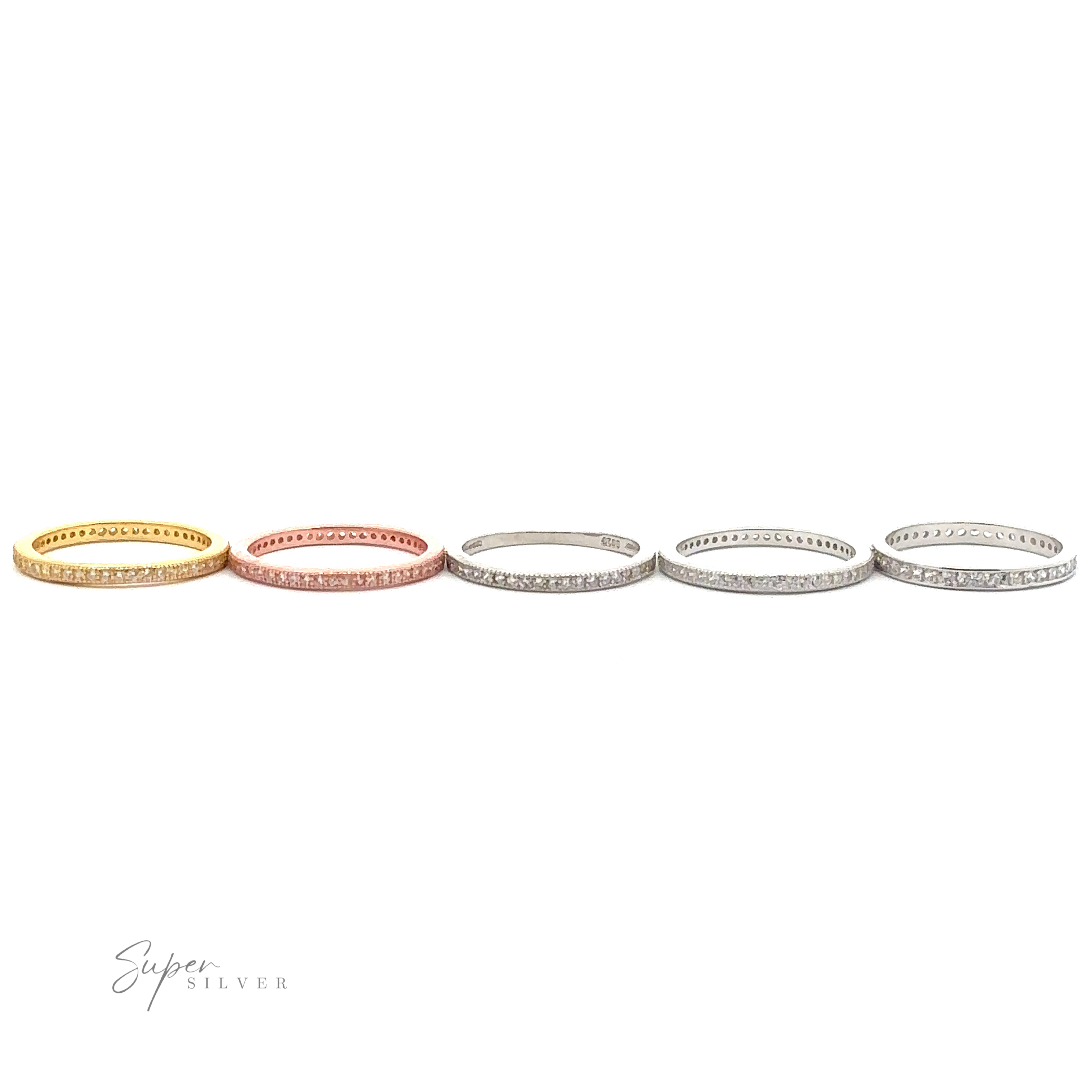 Five thin, metal bracelets in various shades (gold, rose gold, and sterling silver) with embedded small gemstones, displayed in a row against a white background. The logo "Classic Pave Cubic Zirconia Eternity Ring" is at the bottom left.