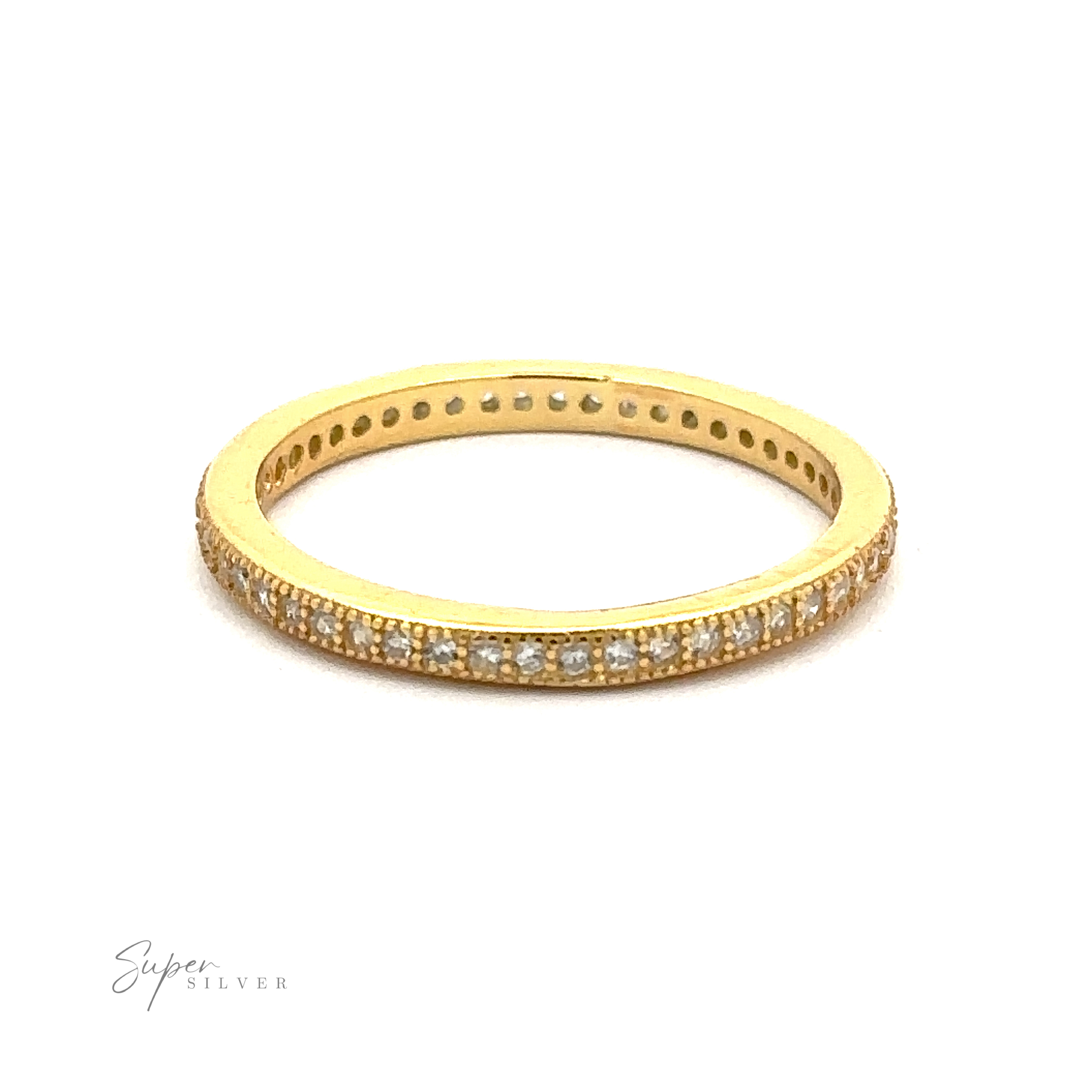 A Classic Pave Cubic Zirconia Eternity Ring with small diamonds embedded around the entire band. The words "Super Silver" appear in the bottom left corner.