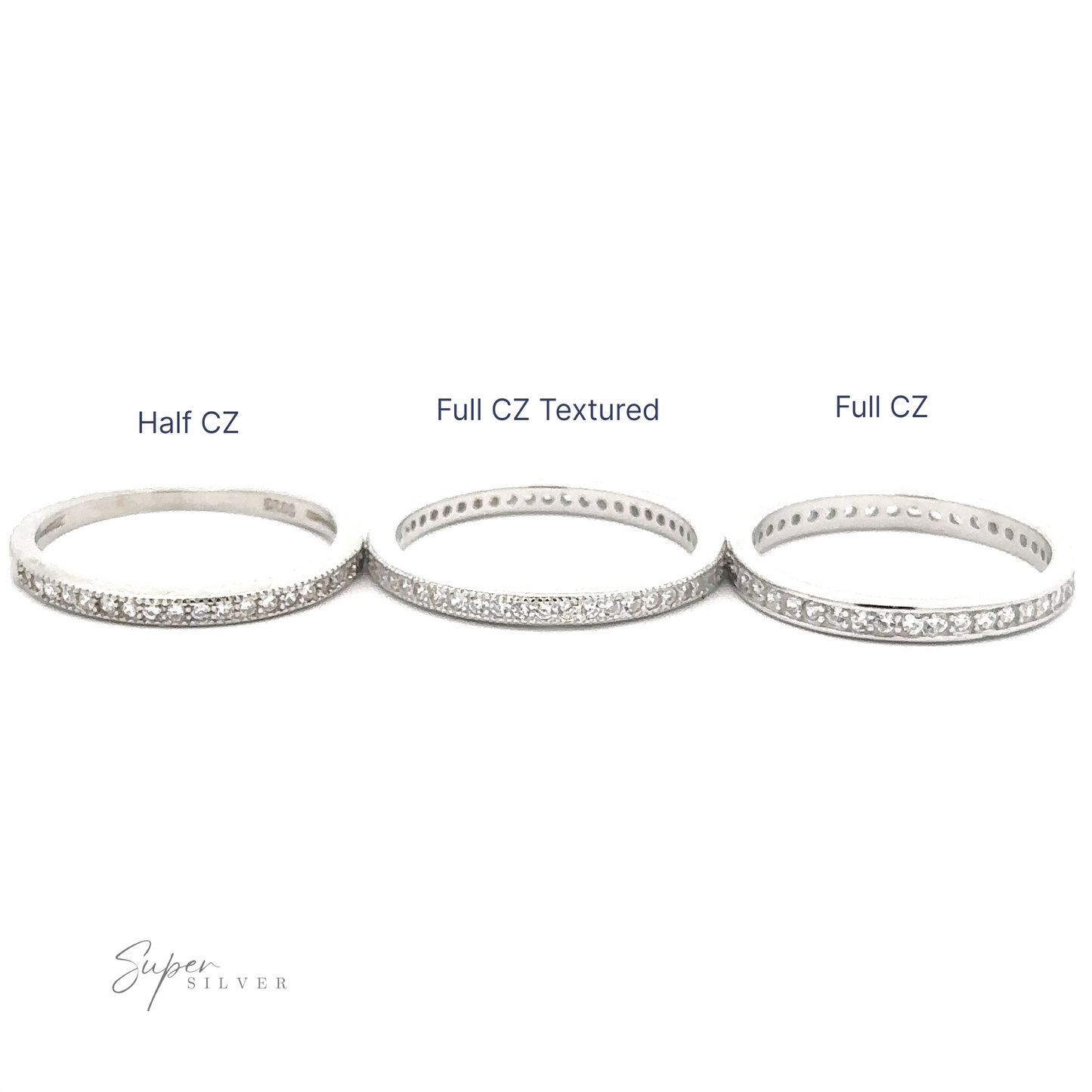 
                  
                    Three sterling silver bracelets are shown: "Half CZ" on the left, "Full CZ Textured" in the middle, and "Full CZ" on the right. Each is adorned with cubic zirconia crystals, reminiscent of a Classic Pave Cubic Zirconia Eternity Ring's elegance.
                  
                