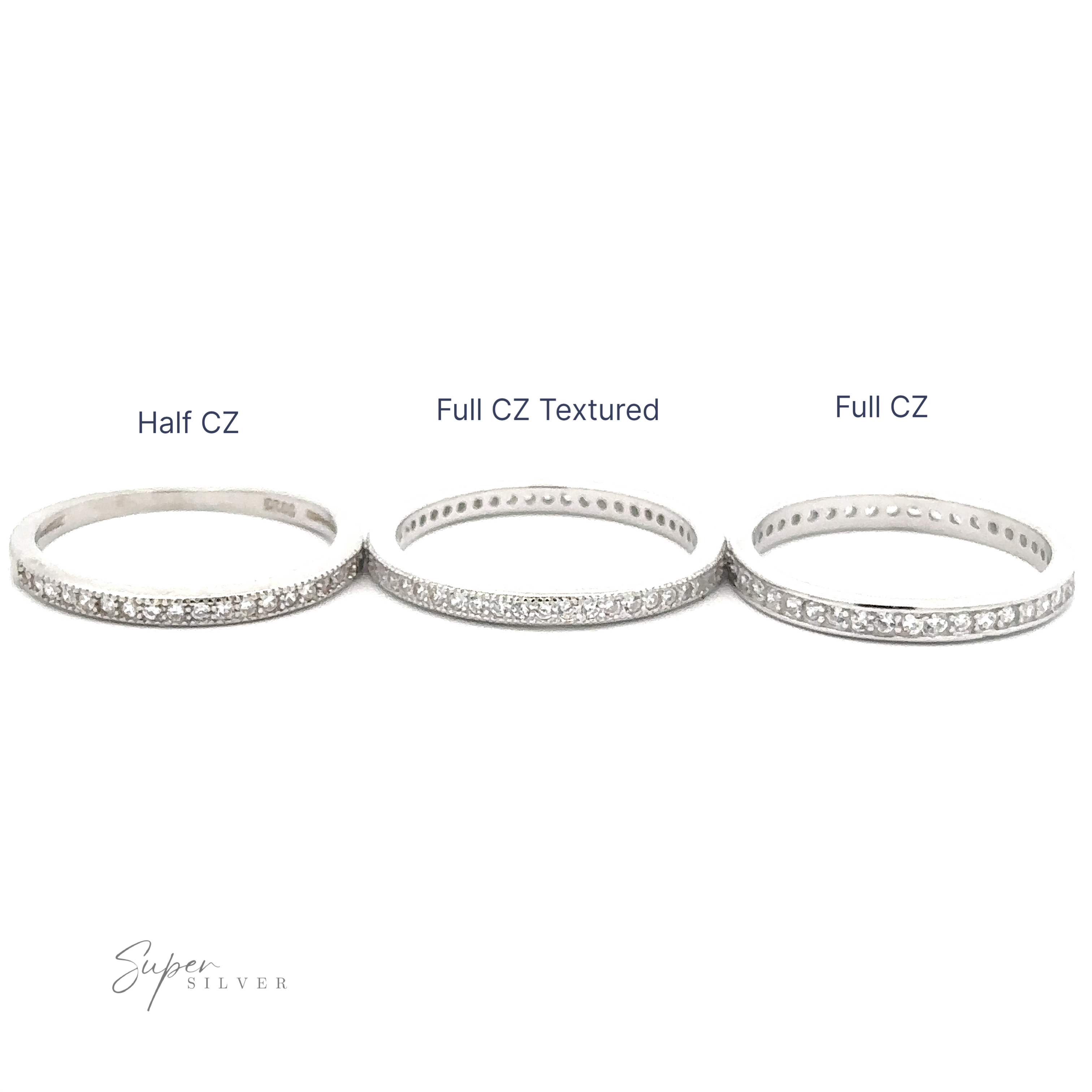 Three sterling silver bracelets are shown: "Half CZ" on the left, "Full CZ Textured" in the middle, and "Full CZ" on the right. Each is adorned with cubic zirconia crystals, reminiscent of a Classic Pave Cubic Zirconia Eternity Ring's elegance.