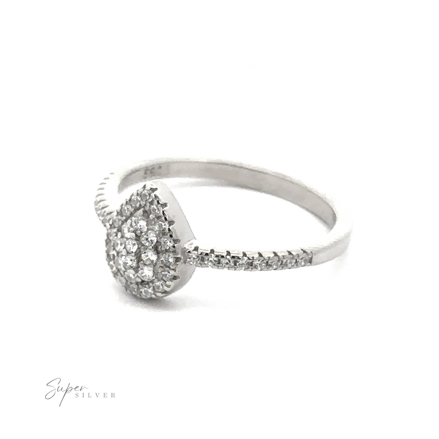 
                  
                    The Teardrop Pave Cubic Zirconia Ring features a pear-shaped cluster adorned with small, sparkling cubic zirconia stones, complemented by additional stones along the band and finished with rhodium plating.
                  
                