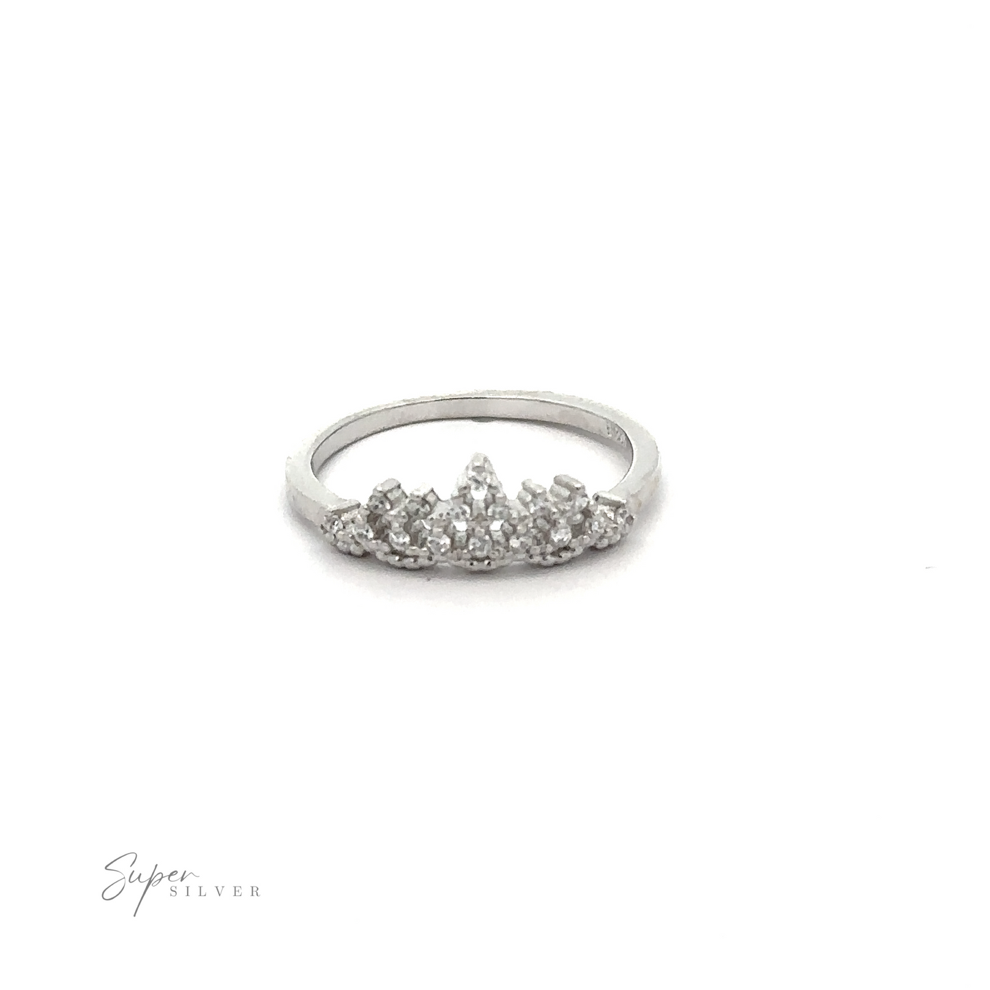 
                  
                    A Dainty Cubic Zirconia Crown Ring, featuring a silver design adorned with a cluster of small, clear cubic zirconia gemstones, is displayed against a plain white background. The text "Super Silver" appears in the bottom left corner.
                  
                