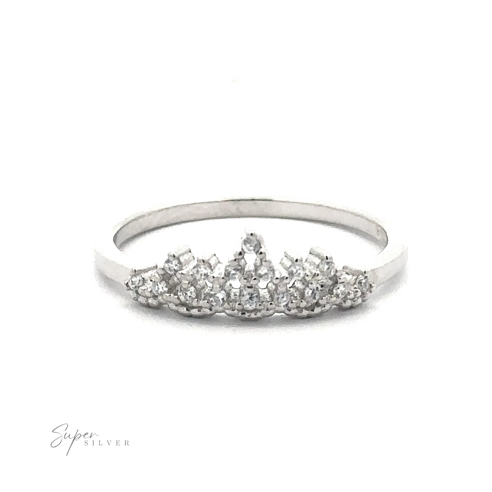 The Dainty Cubic Zirconia Crown Ring, crafted from sterling silver, showcases a row of small, clustered cubic zirconia gemstones in a delicate crown-like design. The brand name "Super Silver" is printed in the bottom left corner.