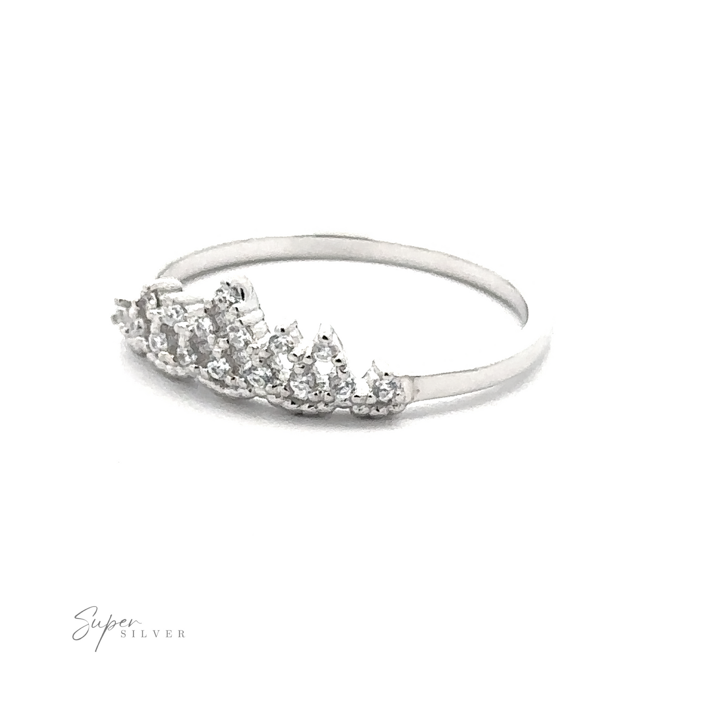 
                  
                    The Dainty Cubic Zirconia Crown Ring is delicately crafted from sterling silver, showcasing a tiara-like design adorned with small, clear cubic zirconia gemstones on one side. The brand name "Super Silver" is elegantly positioned in the lower left corner.
                  
                