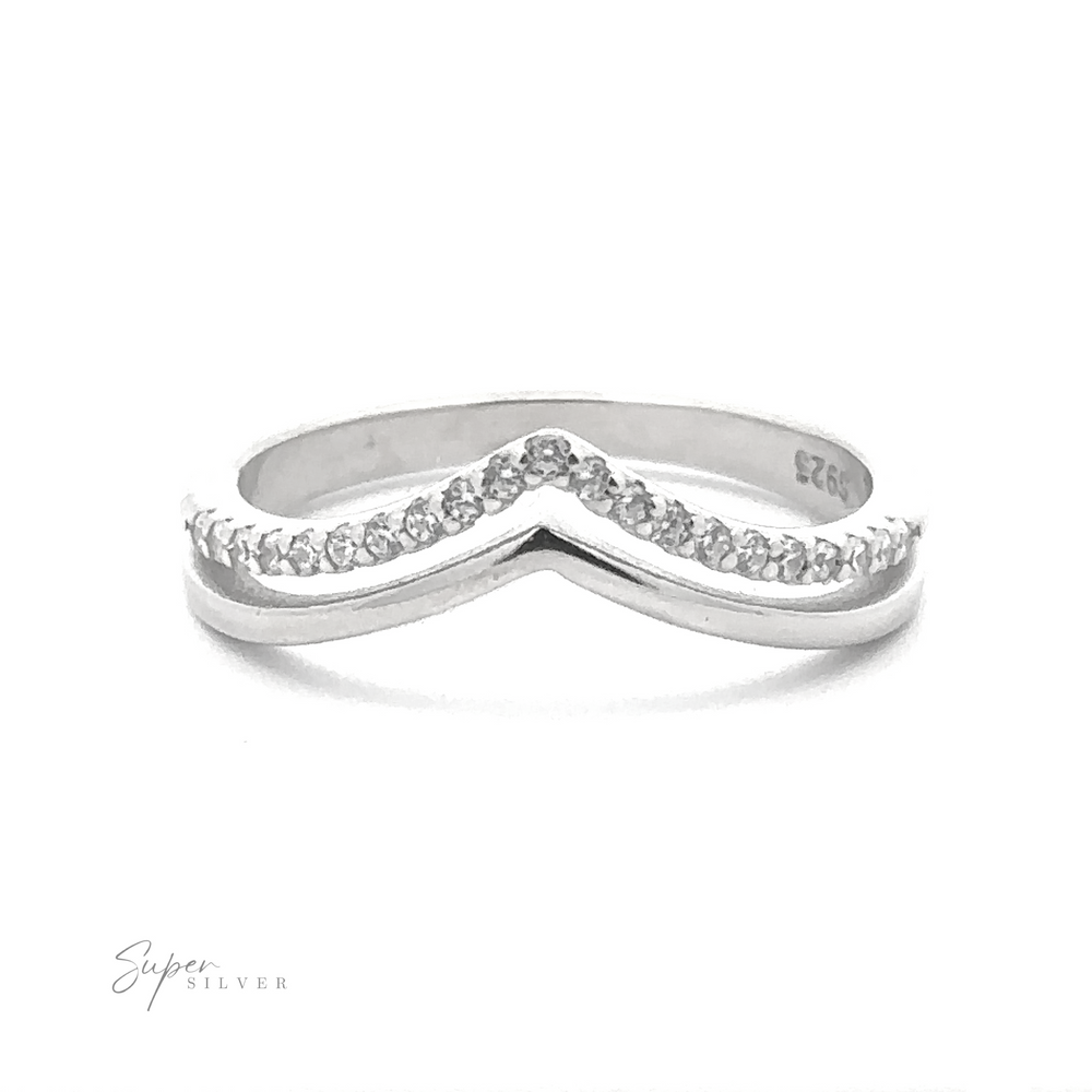 A Double Chevron Cubic Zirconia Ring with a modern double chevron design, adorned with small round-cut diamonds along the top edge. The ring is labeled 