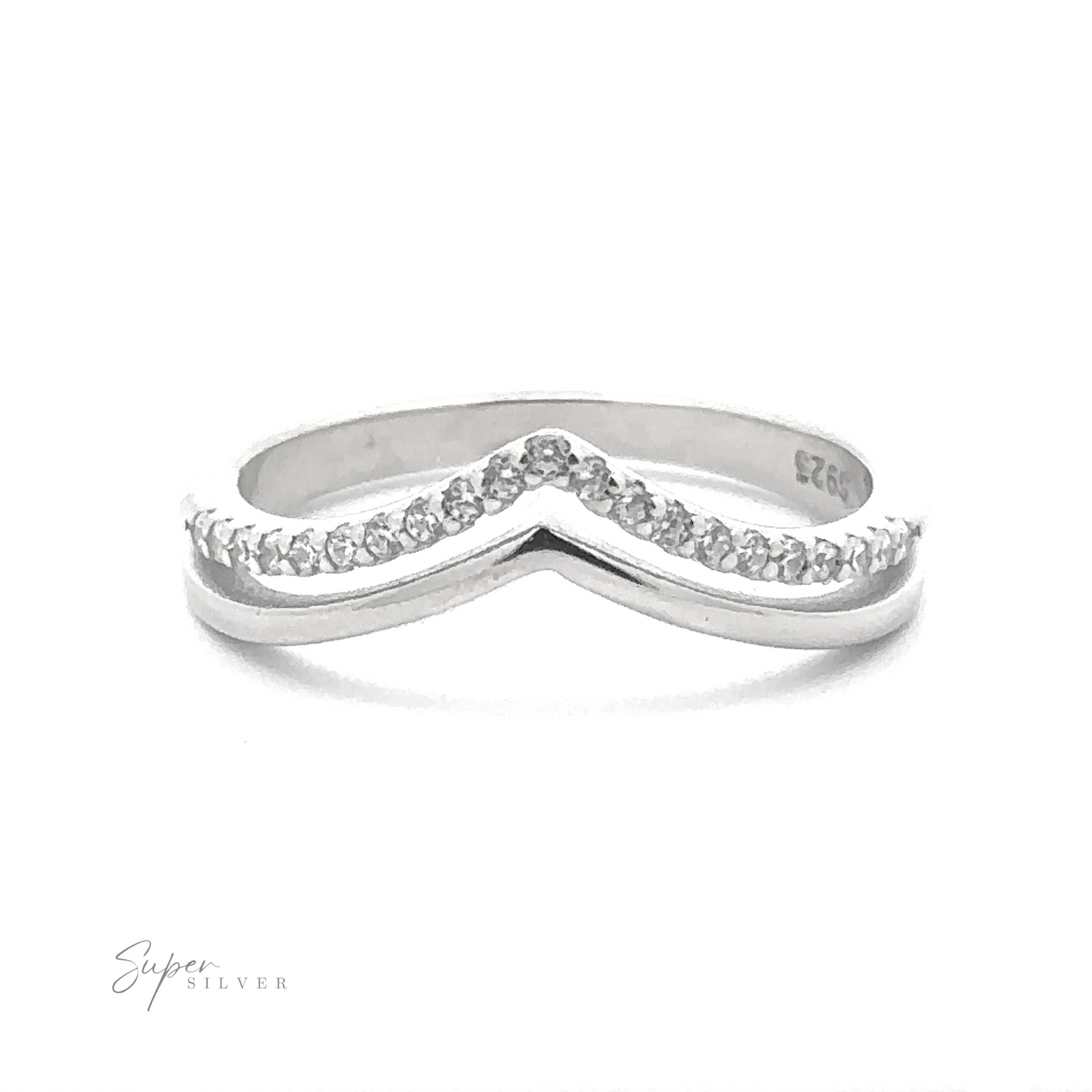 A Double Chevron Cubic Zirconia Ring with a modern double chevron design, adorned with small round-cut diamonds along the top edge. The ring is labeled "Super Silver" in the bottom left corner.