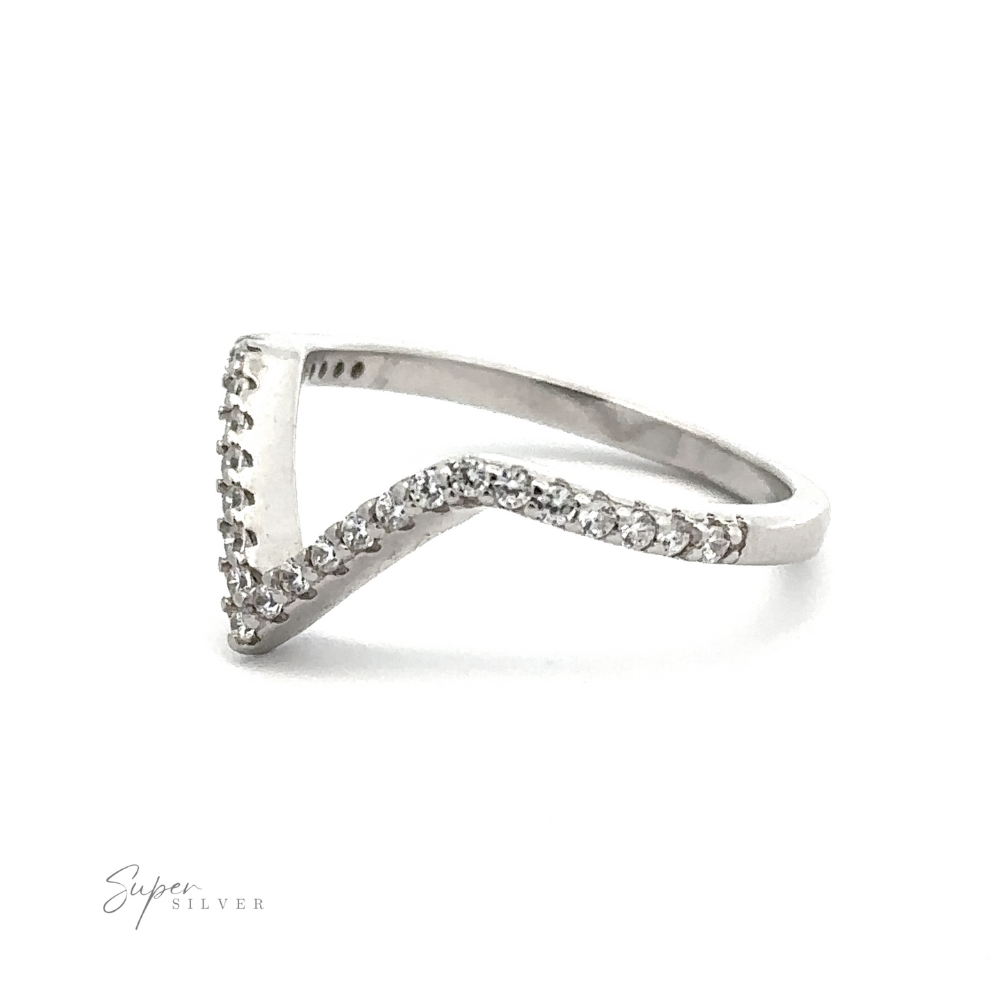 
                  
                    A Pave Set Cubic Zirconia Chevron Ring featuring a chevron design adorned with small diamonds along the upper edge. The ring is displayed on a white background with the text "Super Silver" in the bottom left corner.
                  
                