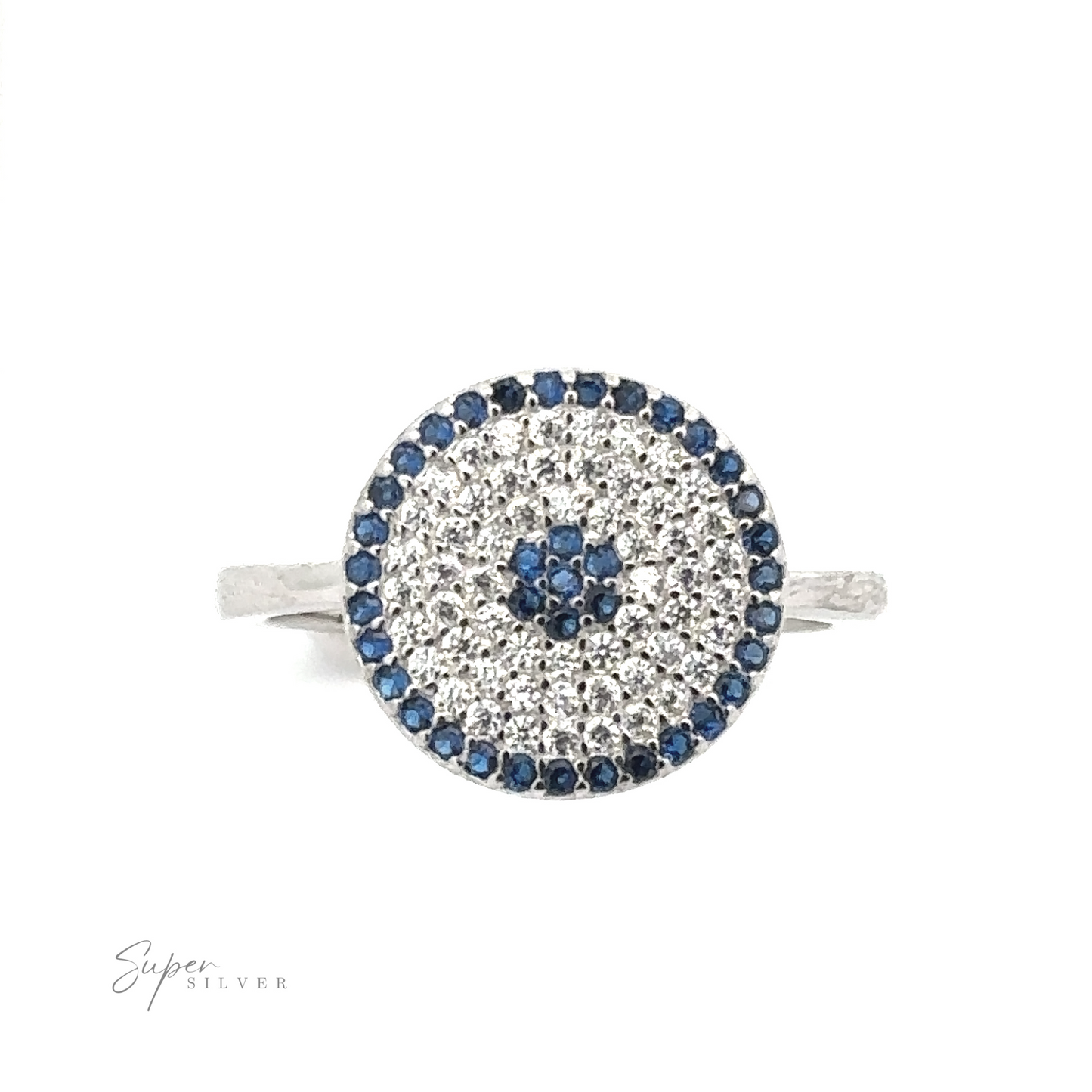 Cubic Zirconia Evil Eye Ring with a circular design featuring blue and clear cubic zirconia gemstones, arranged in concentric patterns reminiscent of an evil eye. The branding "Super Silver" is visible in the bottom left corner.