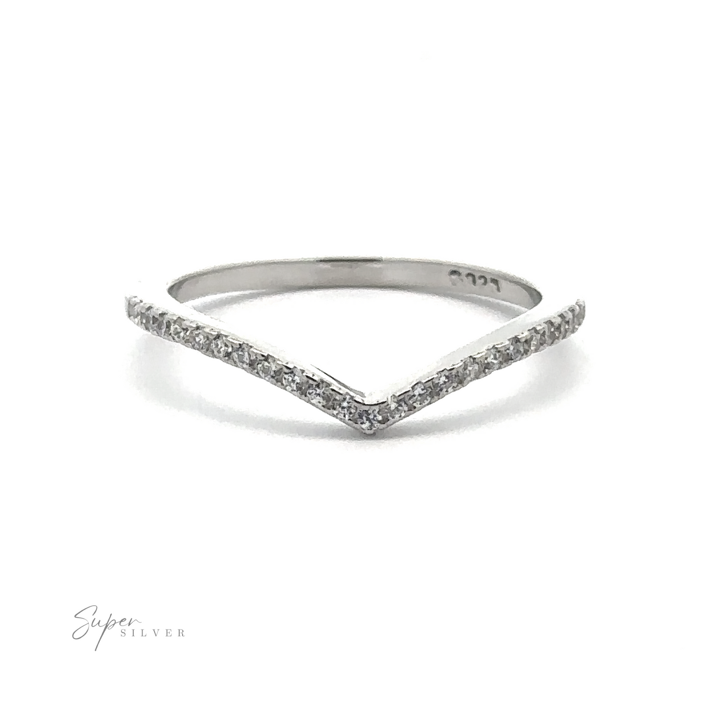 
                  
                    The Pave Cubic Zirconia Chevron Ring is a sterling silver piece featuring a V-shaped design lined with pavé cubic zirconia along the top. This ring exudes modern elegance and is displayed on a white background.
                  
                