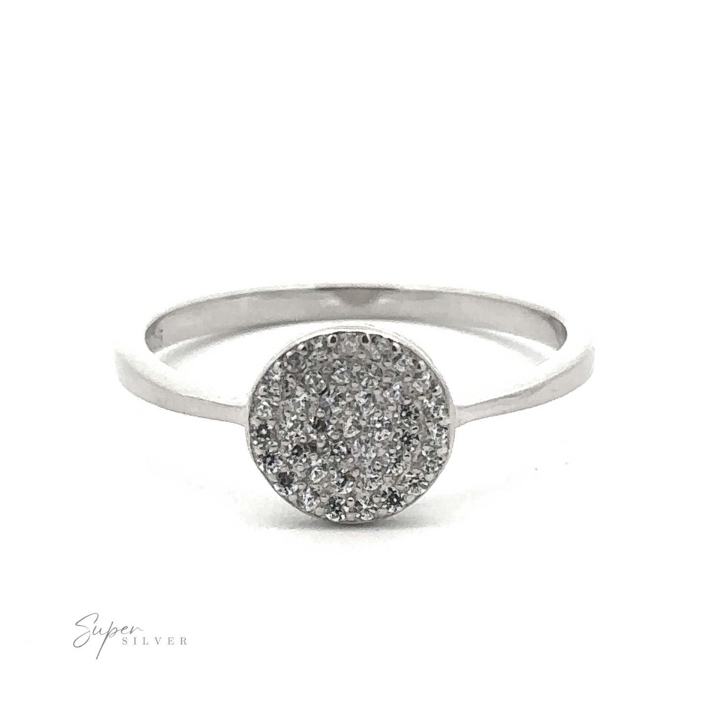 
                  
                    A stunning sterling silver ring with a round, textured design adorned with small, glittering cubic zirconia stones on the front. The text "Super Silver" is elegantly printed in the lower-left corner. Introducing the Round Pave Cubic Zirconia Ring.
                  
                