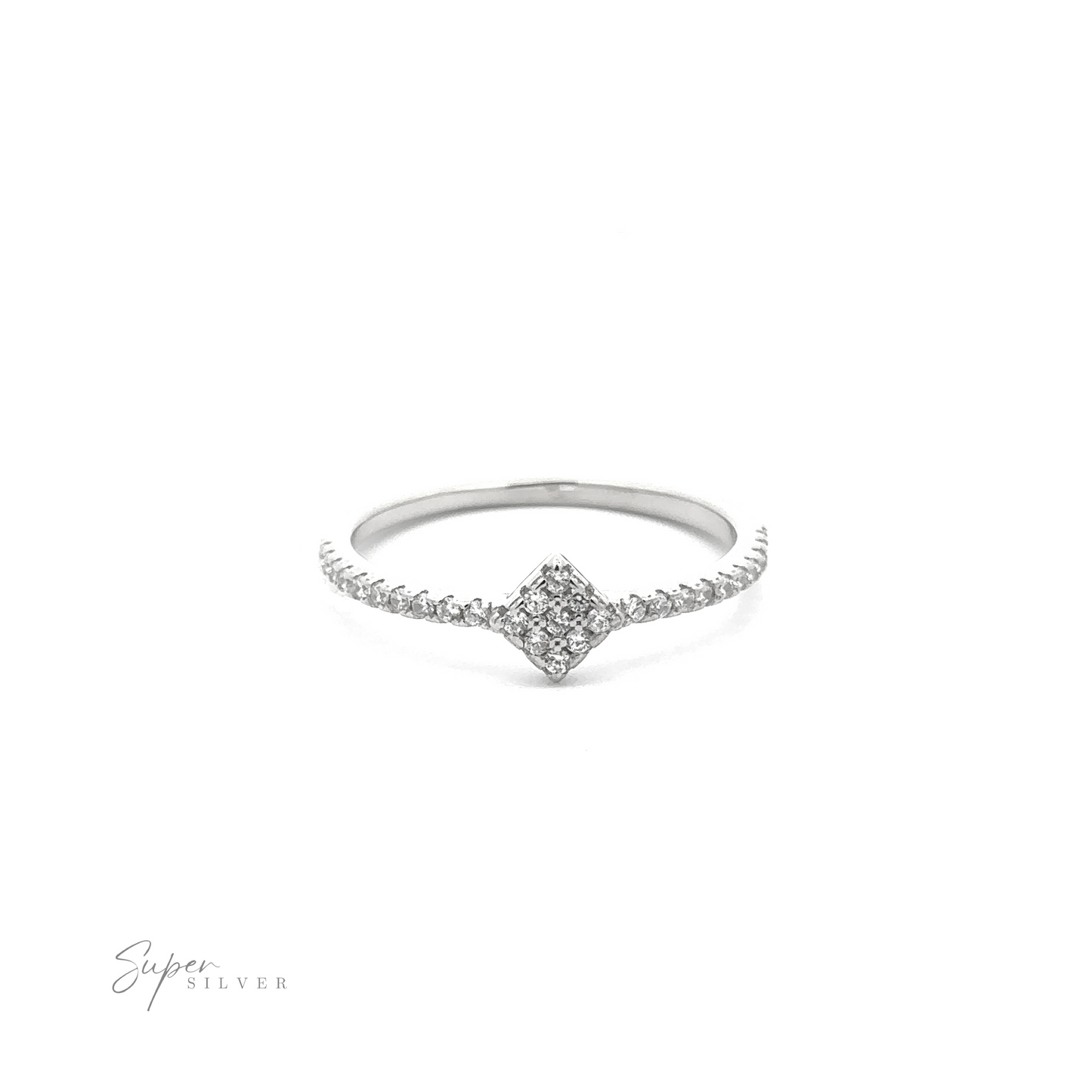 
                  
                    A Tiny Pave Cubic Zirconia Diamond-Shaped Ring with a sleek square-shaped diamond centerpiece and a band adorned with tiny pave cubic zirconia is shown on a white background. The brand name "Super Silver" is in the corner.
                  
                