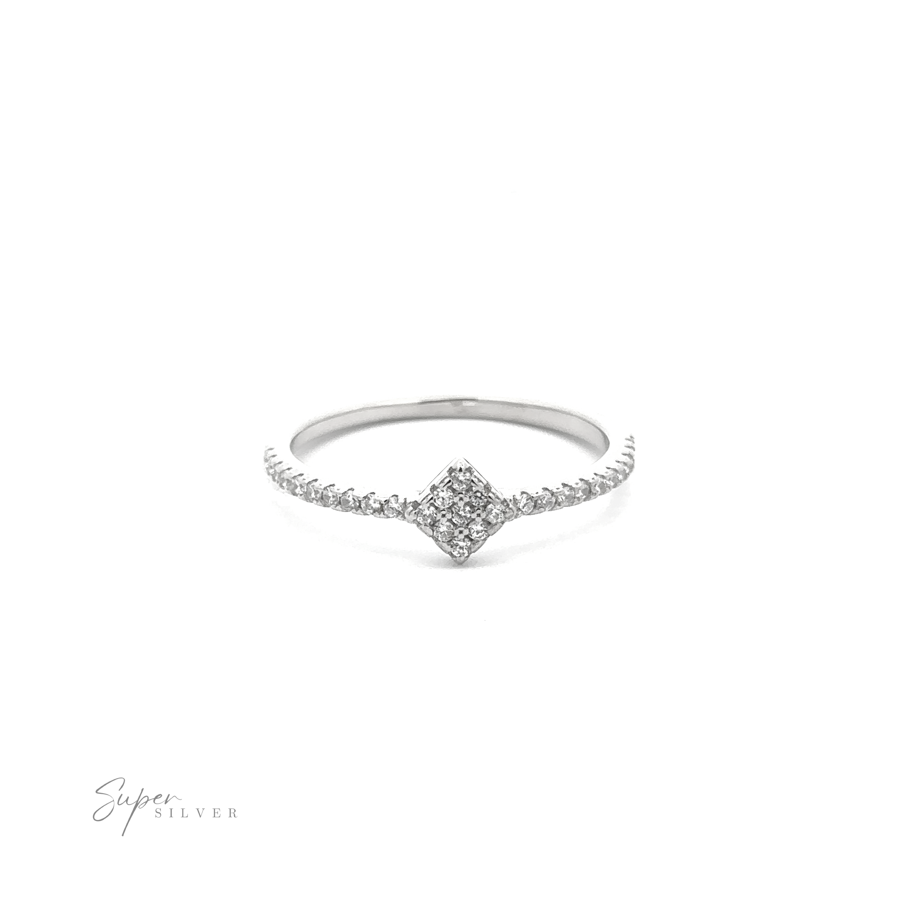 A Tiny Pave Cubic Zirconia Diamond-Shaped Ring with a sleek square-shaped diamond centerpiece and a band adorned with tiny pave cubic zirconia is shown on a white background. The brand name "Super Silver" is in the corner.