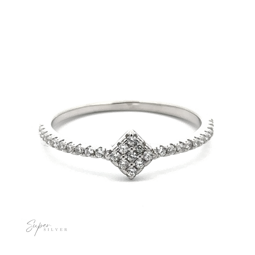 A Tiny Pave Cubic Zirconia Diamond-Shaped Ring featuring a diamond-shaped cluster of small diamonds in the center and a band adorned with additional diamonds, crafted from high-quality 925 sterling silver. The image features "Super Silver" branding.