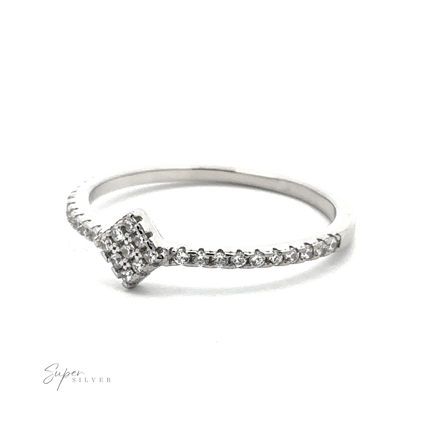 
                  
                    A Tiny Pave Cubic Zirconia Diamond-Shaped Ring with a square cluster of small clear stones and a band adorned with tiny pave cubic zirconia. The words "Super Silver" are inscribed in the bottom left corner.
                  
                