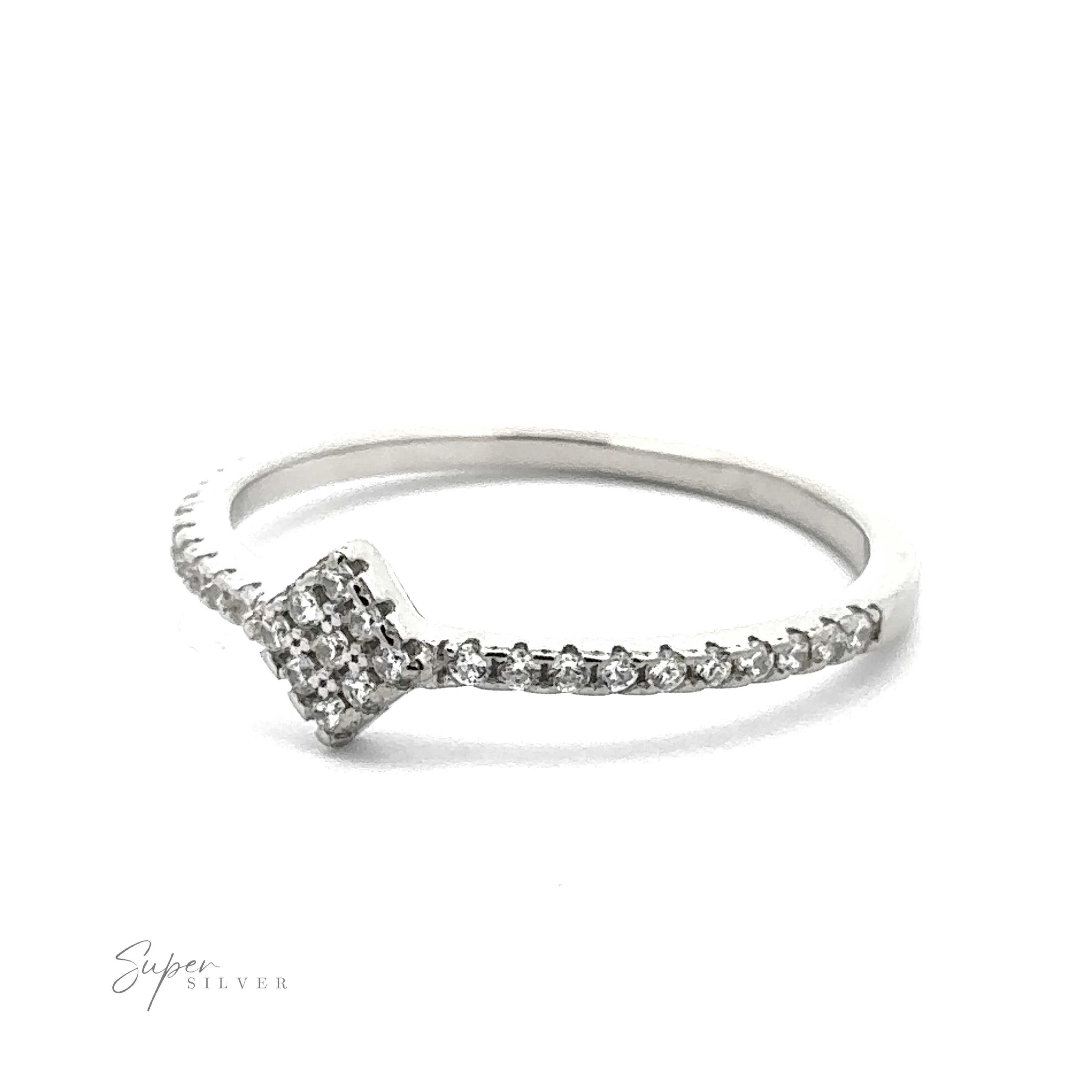 A Tiny Pave Cubic Zirconia Diamond-Shaped Ring with a square cluster of small clear stones and a band adorned with tiny pave cubic zirconia. The words "Super Silver" are inscribed in the bottom left corner.