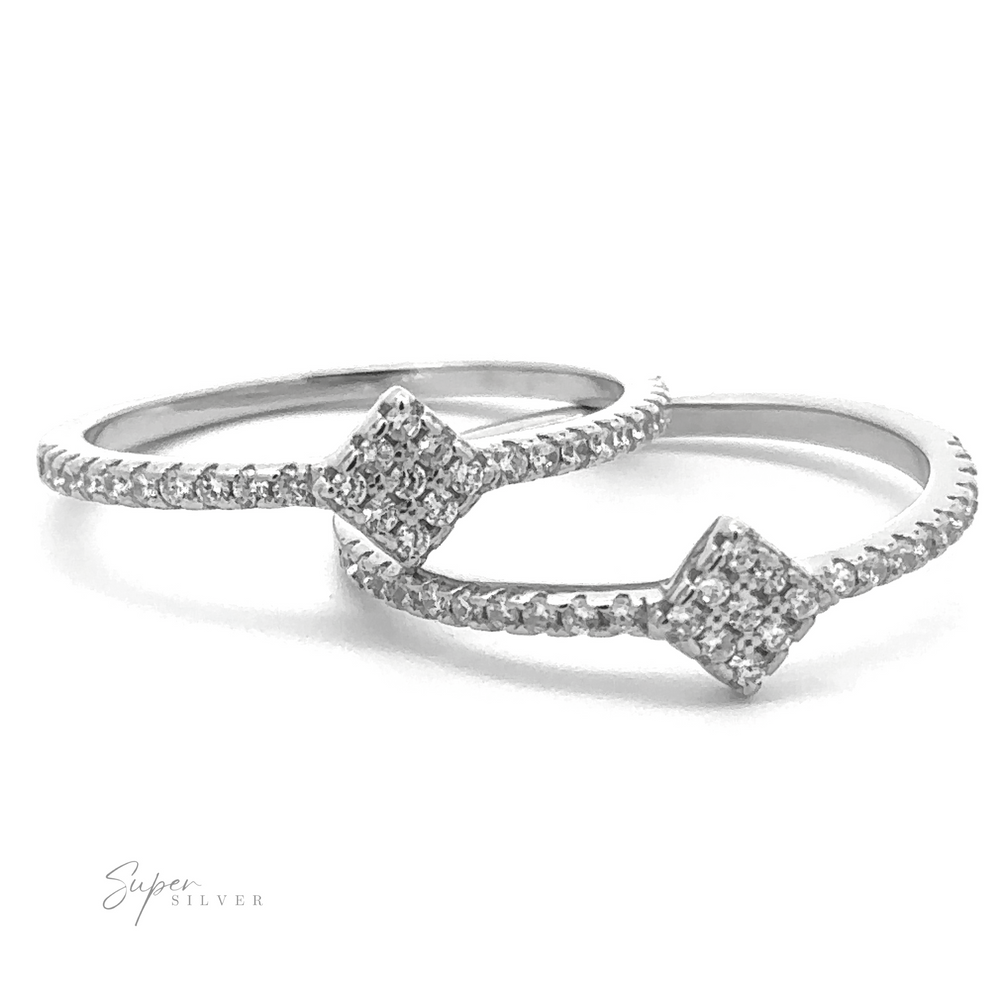 Two silver engagement rings with square diamond clusters and small round diamonds embedded in the delicate bands, positioned side by side on a white background. Highlighting the elegance of Tiny Pave Cubic Zirconia Diamond-Shaped Ring, this set embodies minimalist design. Text reads "Super Silver.