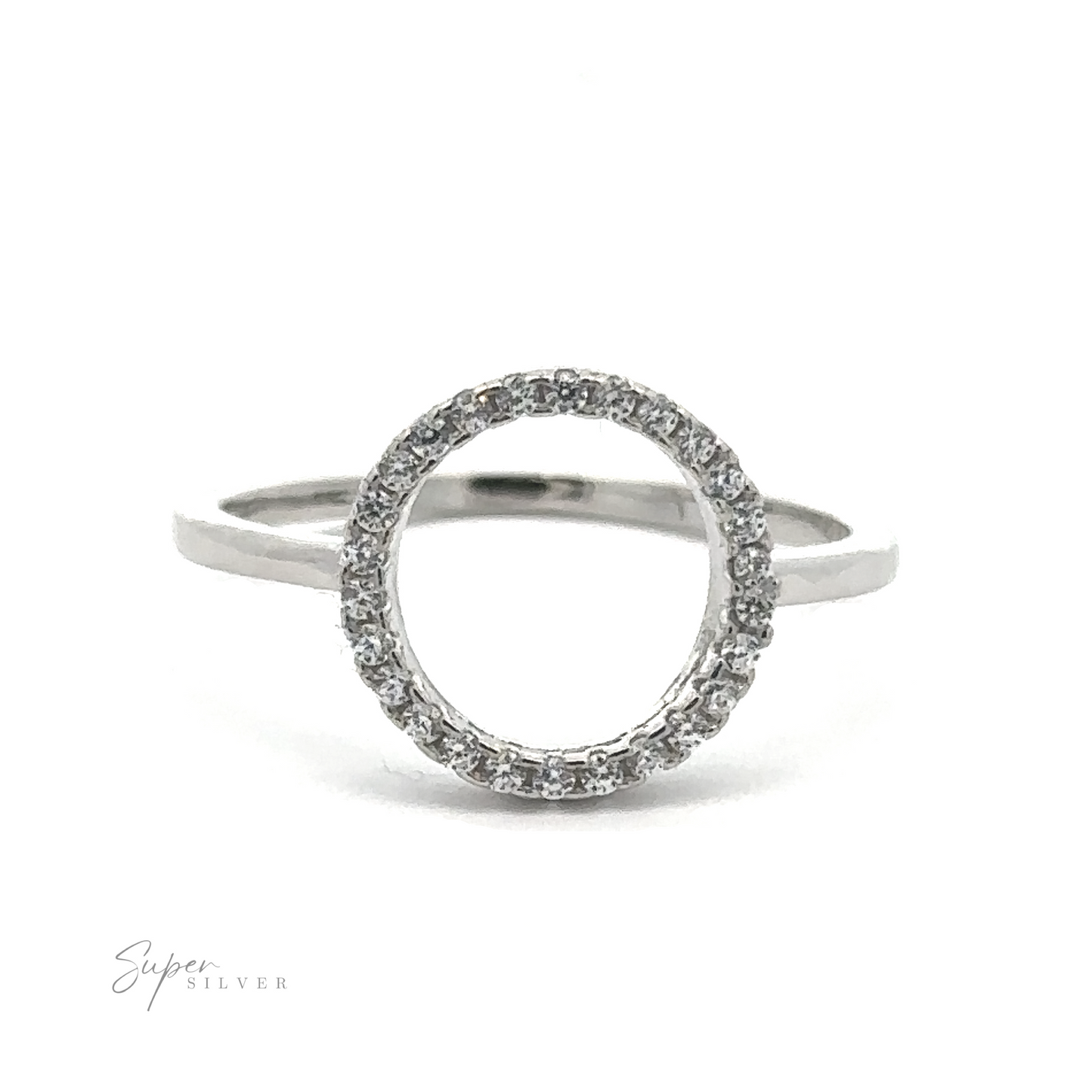 
                  
                    A silver ring featuring a modern open circle design, adorned with small cubic zirconia stones, displayed on a white background. "Modern Circular Pave Cubic Zirconia Ring" is written in the bottom left corner, showcasing contemporary elegance.
                  
                