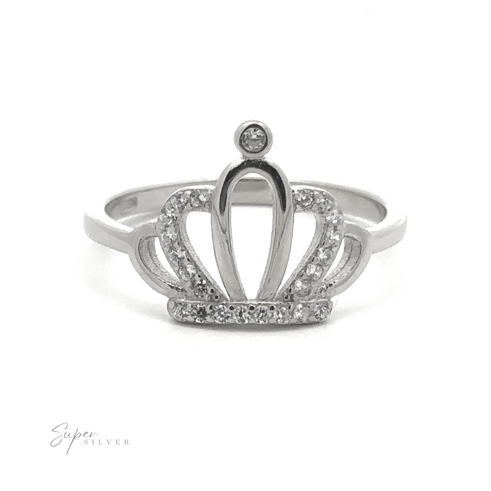 The Cubic Zirconia Crown Ring, crafted from sterling silver and embellished with pavé cubic zirconia, is a timeless statement piece. The word "Super Silver" graces the bottom left corner.