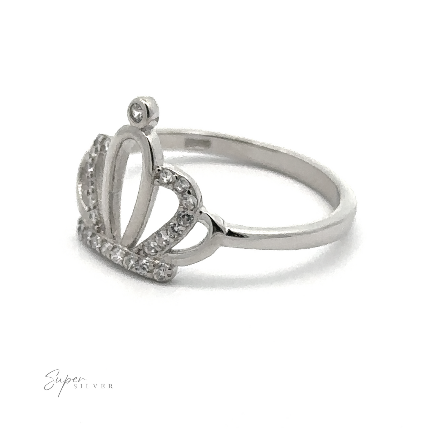 
                  
                    Introducing the "Cubic Zirconia Crown Ring," a dazzling sterling silver ring featuring a crown-shaped design adorned with small pavé cubic zirconia stones. The words "Super Silver" are elegantly scripted in the bottom left corner of an otherwise plain white background.
                  
                