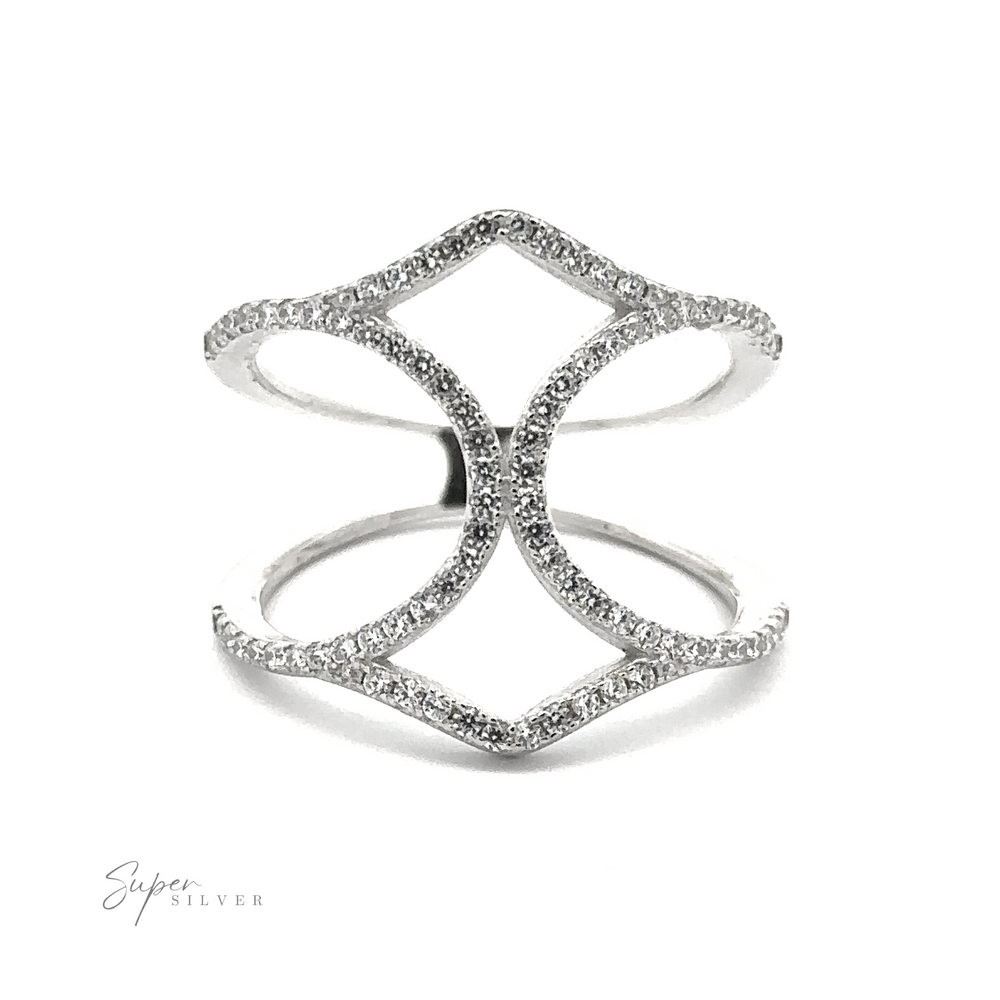
                  
                    A Pavé Ring with Large Open Band adorned with small diamonds in a pavé setting, forming an elegant, symmetrical design resembling a butterfly in the middle. The image has the text "Super Silver" in the lower left corner.
                  
                