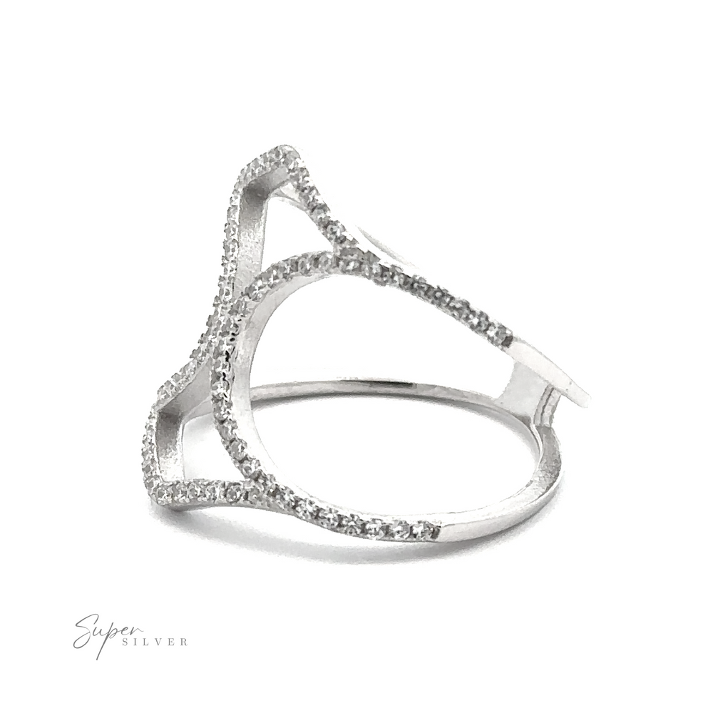 
                  
                    A sterling silver ring with an intricate design featuring multiple curved lines, each adorned with small, sparkling stones in a pavé setting. Labeled "Pavé Ring with Large Open Band," this cubic zirconia ring exudes elegance and sophistication.
                  
                