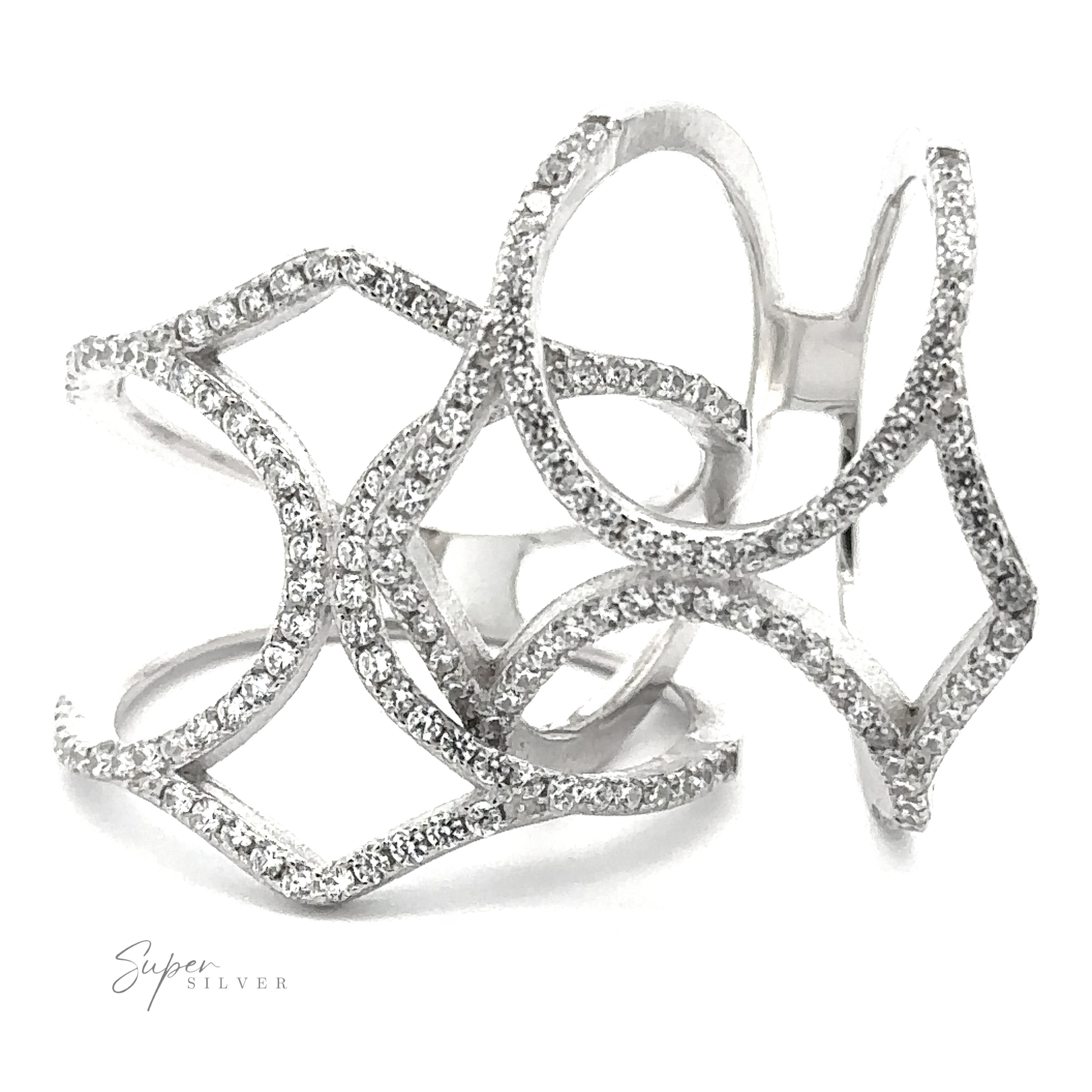 A pair of intricately designed Pavé Rings with Large Open Band, encrusted with small clear cubic zirconia gemstones.