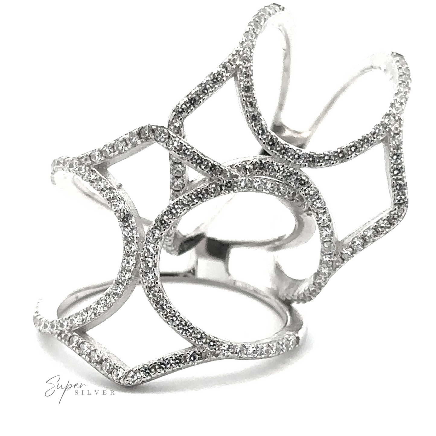 
                  
                    A Pavé Ring with Large Open Band with multiple interconnected geometric shapes and encrusted with small sparkling stones in a pavé setting. The "Super Silver" logo is visible at the bottom left.
                  
                