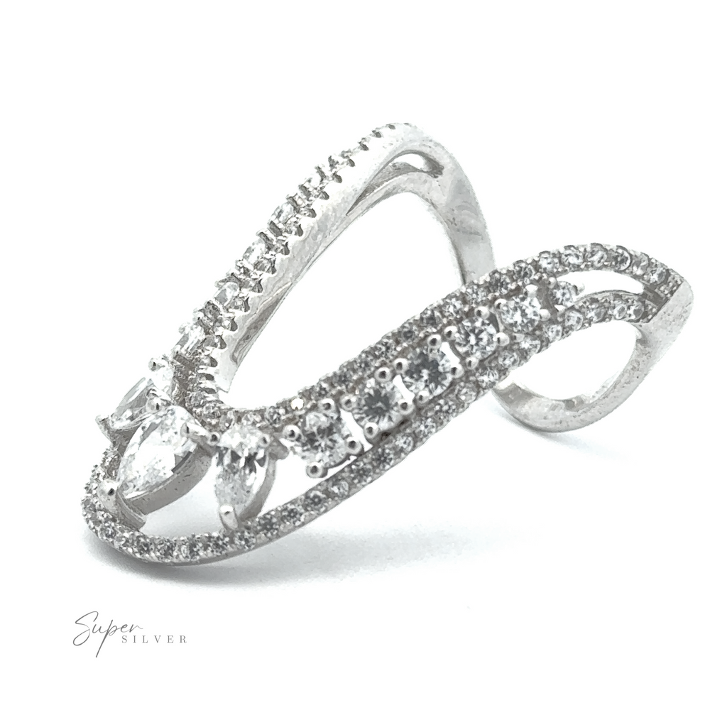 
                  
                    Long "U" CZ Ring featuring a looped design adorned with small, sparkling cubic zirconia gemstones, creating an elegant and intricate pattern. The unique ring's base metal is a polished sterling silver finish. "Super Silver" logo in the background.
                  
                