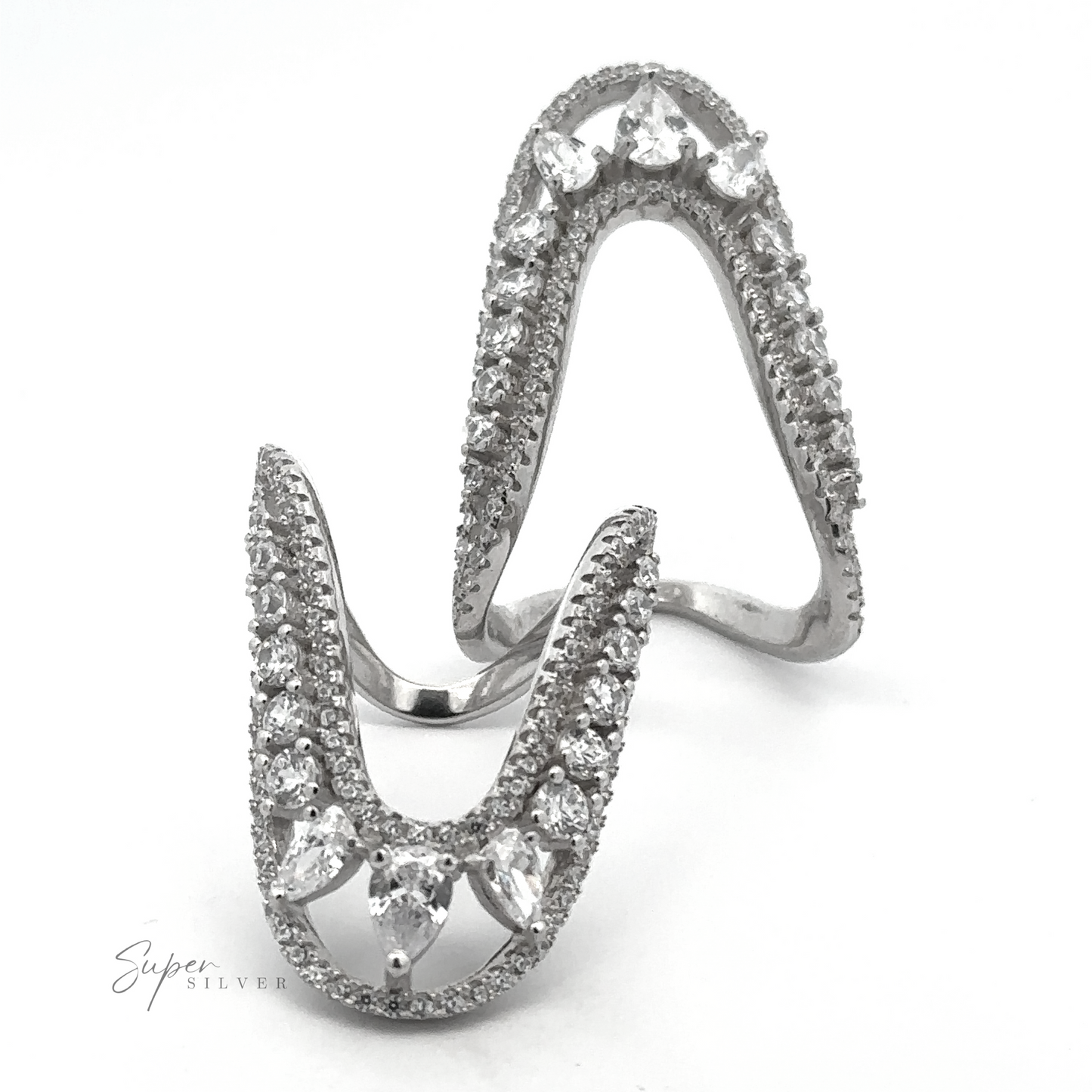 
                  
                    Two Long "U" CZ Rings with V-shaped designs, encrusted with small clear cubic zirconia gemstones and larger pear-shaped stones. These unique rings are positioned upright and diagonally against a plain white backdrop.
                  
                