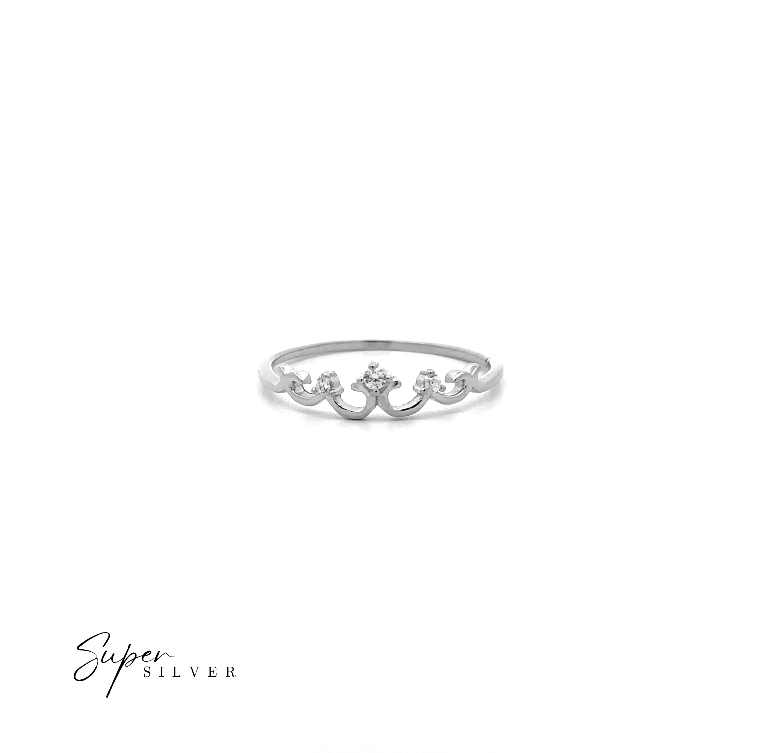 The Crown Ring with Tiny Cubic Zirconia features a sterling silver wavy design accented by small clear stones, shown on a plain white background with the "Super Silver" logo in the lower left corner.