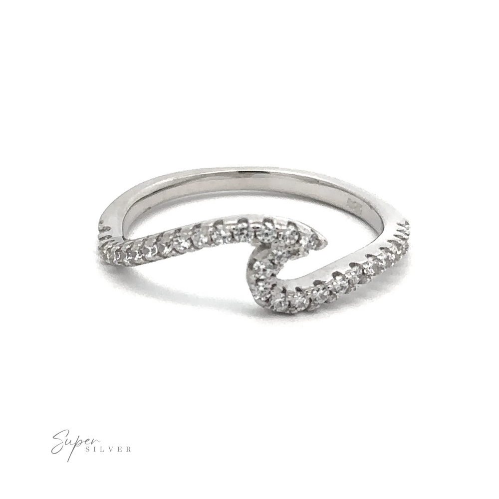 A sterling silver ring with a wave-like design encrusted with small diamonds, the "Pave Wave Ring" exudes elegance. The name "Super Silver" is delicately inscribed in small text at the bottom left corner.