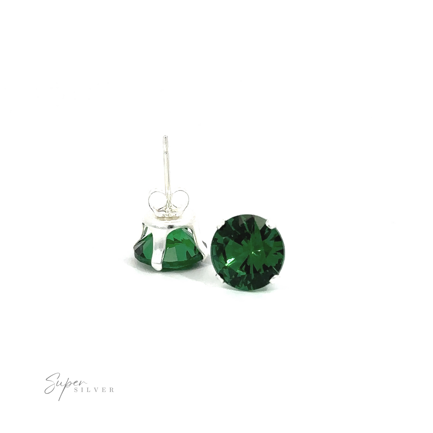 
                  
                    Round green CZ Studs earring with one piece detached from the hook.
                  
                