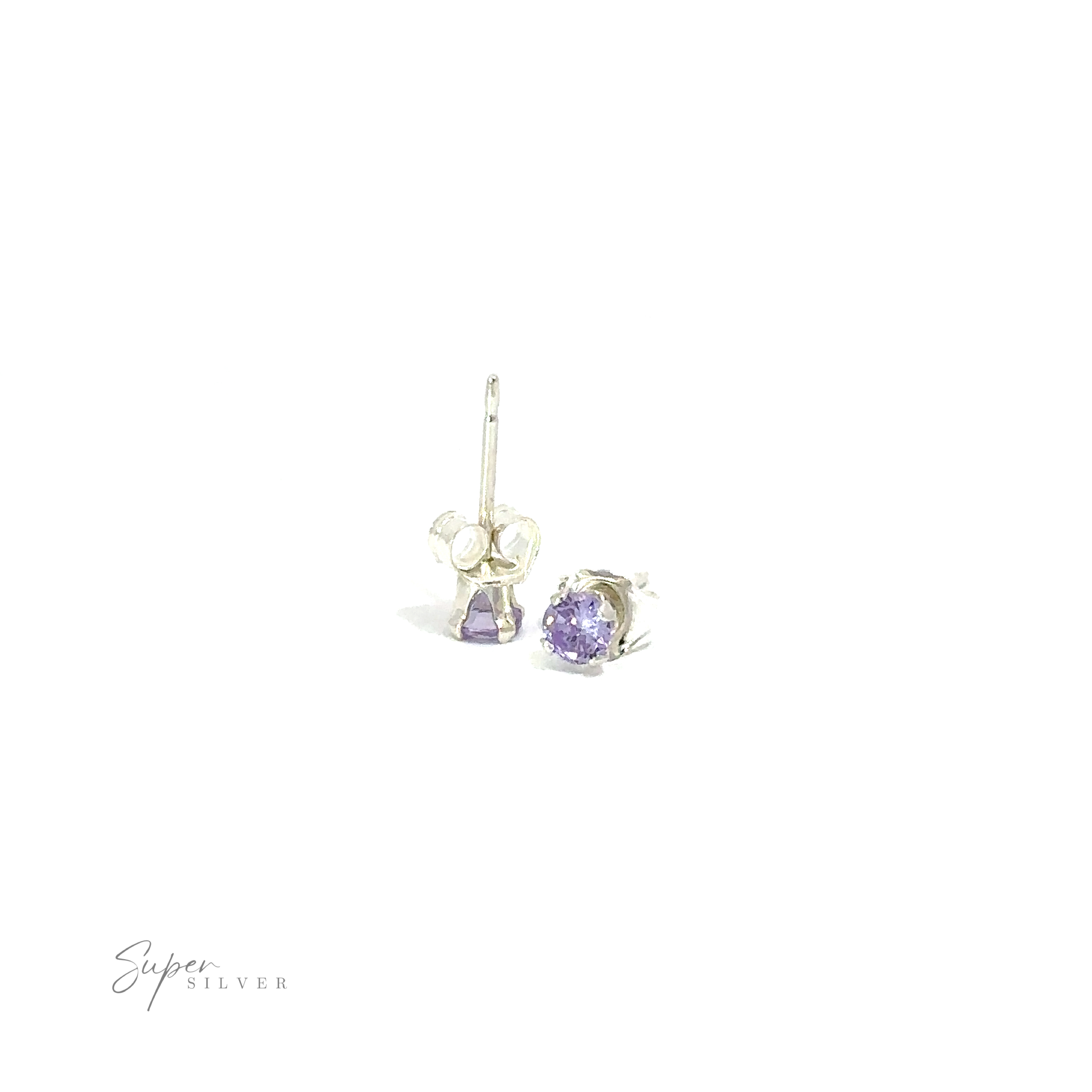 Round CZ stud earrings with purple cubic zirconia on a white background.