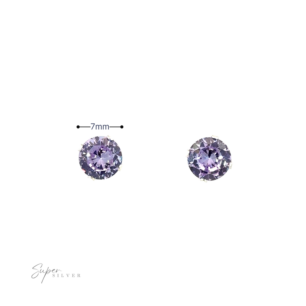 
                  
                    A pair of Round CZ Studs measuring 7mm each, presented on a white background with a signature caption "super silver".
                  
                