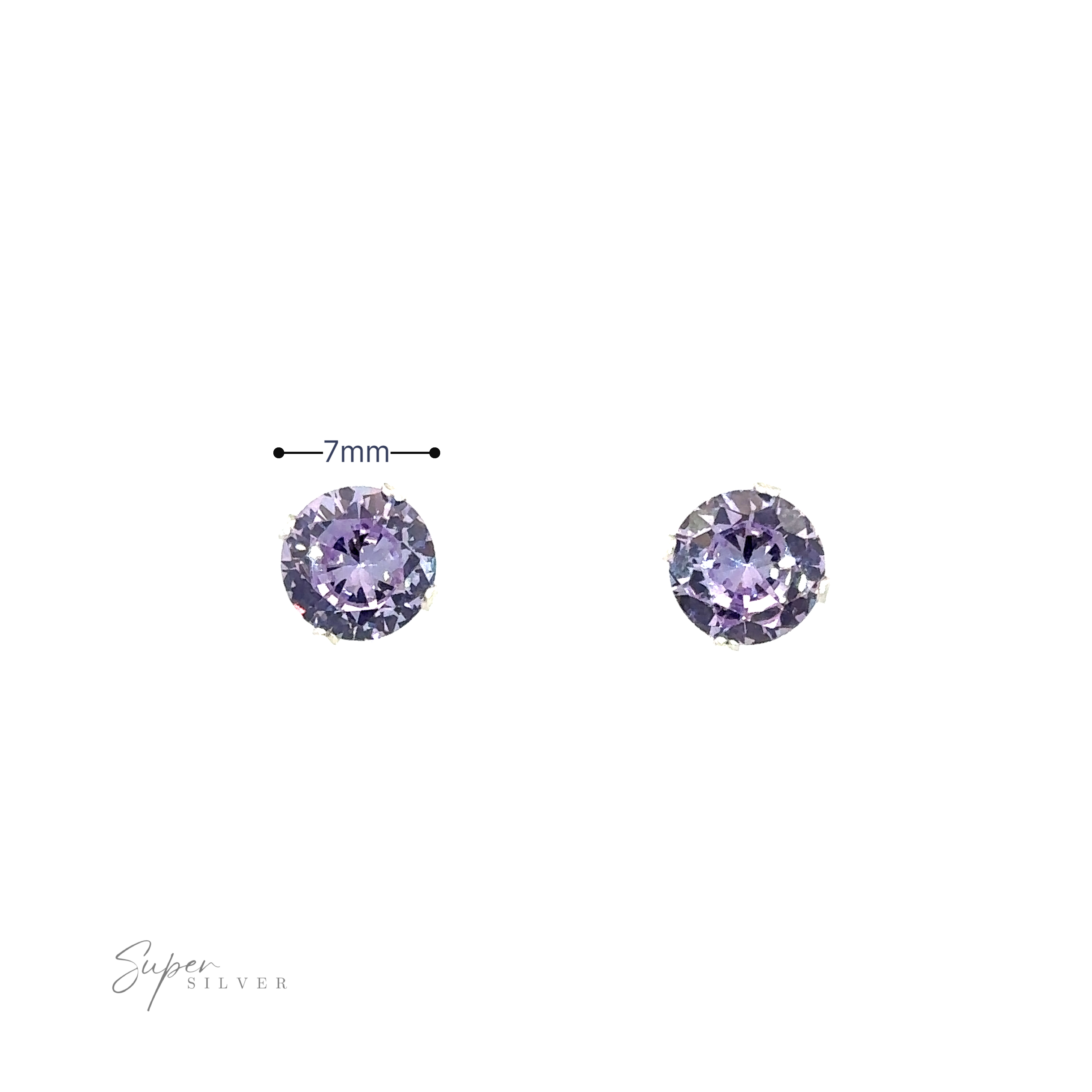 A pair of Round CZ Studs measuring 7mm each, presented on a white background with a signature caption "super silver".