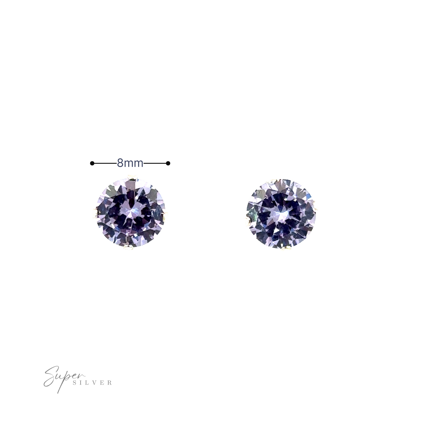 
                  
                    Two Round CZ Studs with an 8mm measurement indicator and "super silver" branding.
                  
                