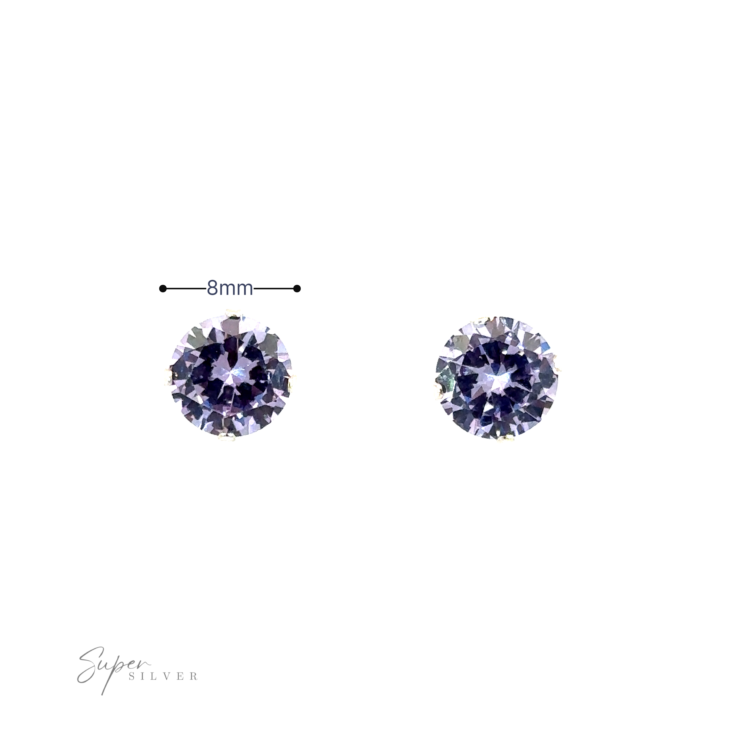 Two Round CZ Studs with an 8mm measurement indicator and "super silver" branding.