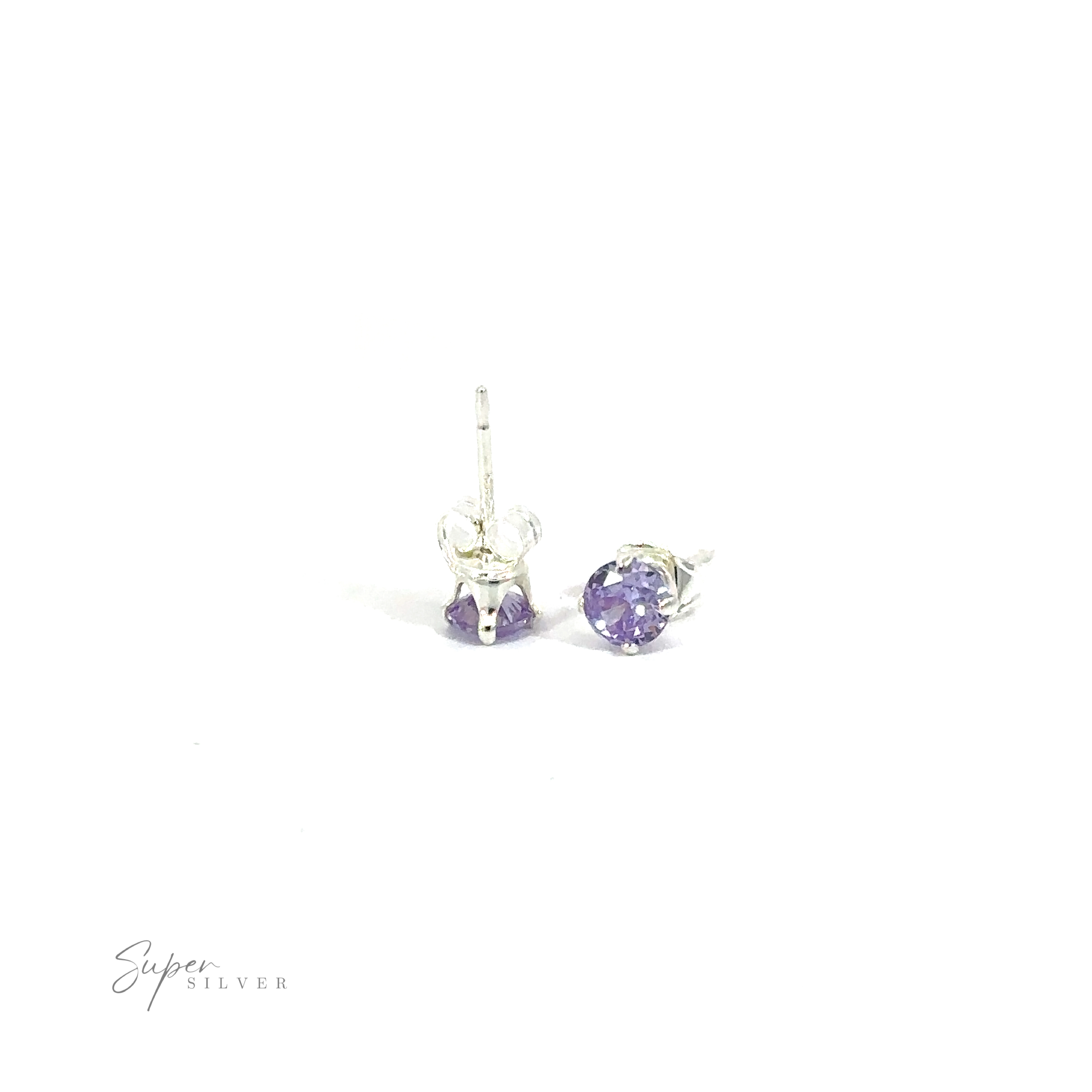 A pair of versatile Round CZ Studs with purple cubic zirconia on a white background.