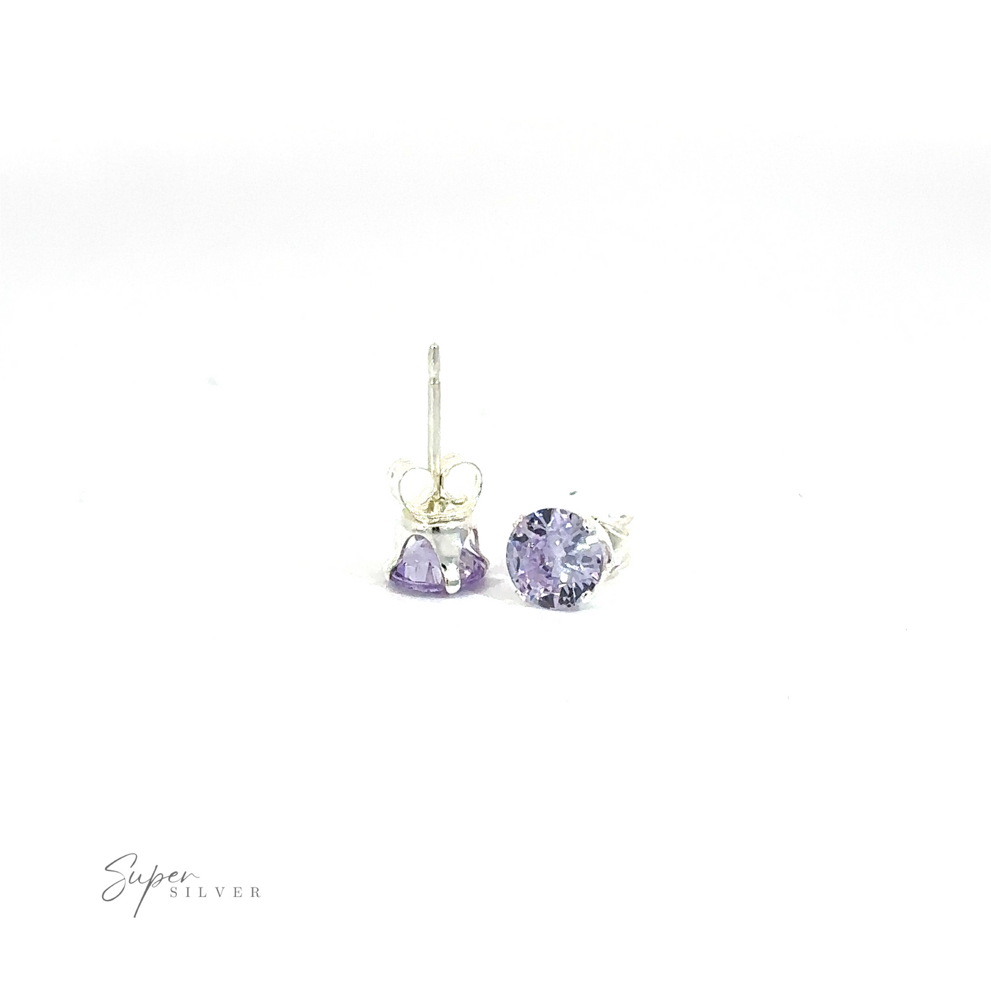 
                  
                    Pair of silver Round CZ Studs with purple cubic zirconia on a white background.
                  
                