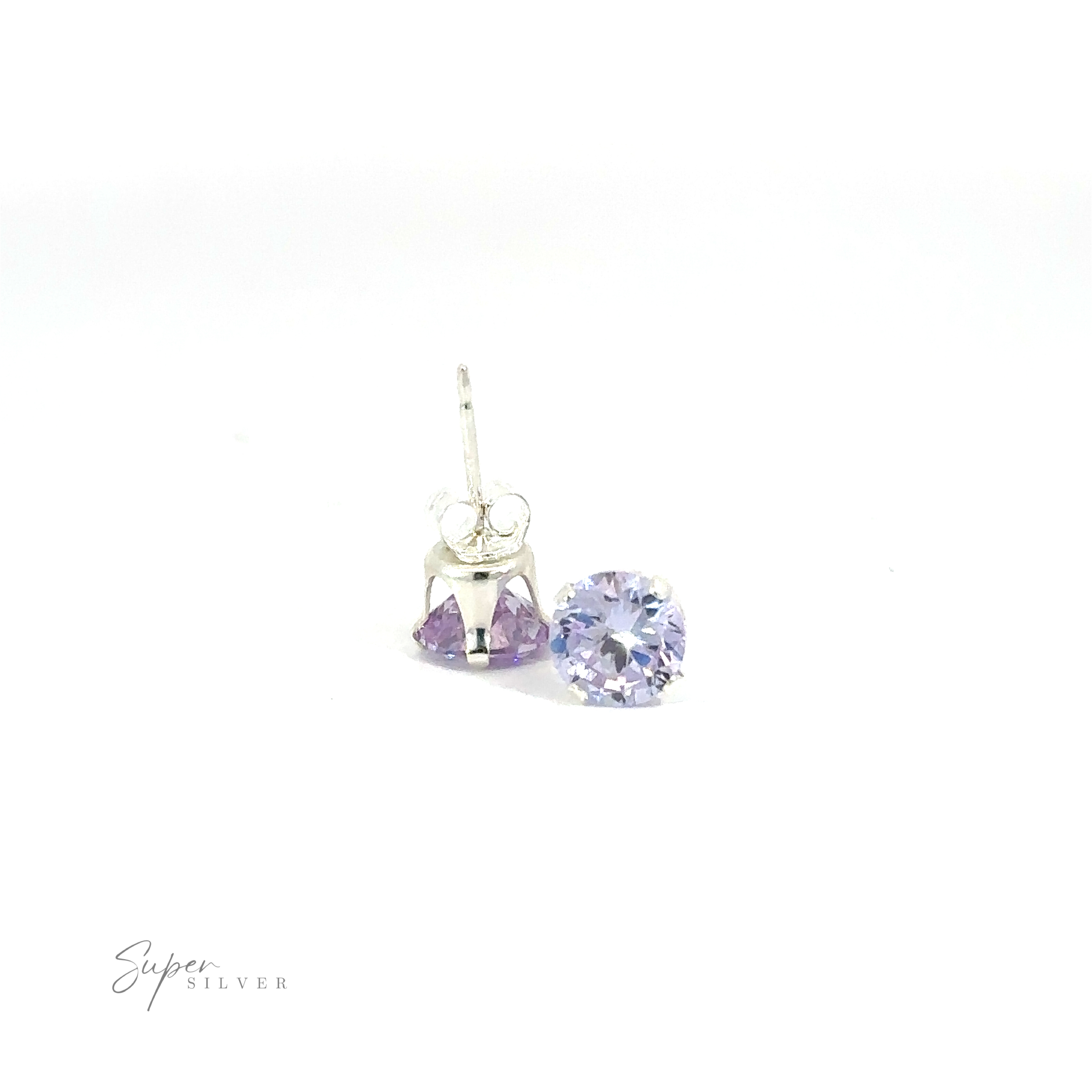 Pair of silver Round CZ Studs with purple cubic zirconia on a white background.