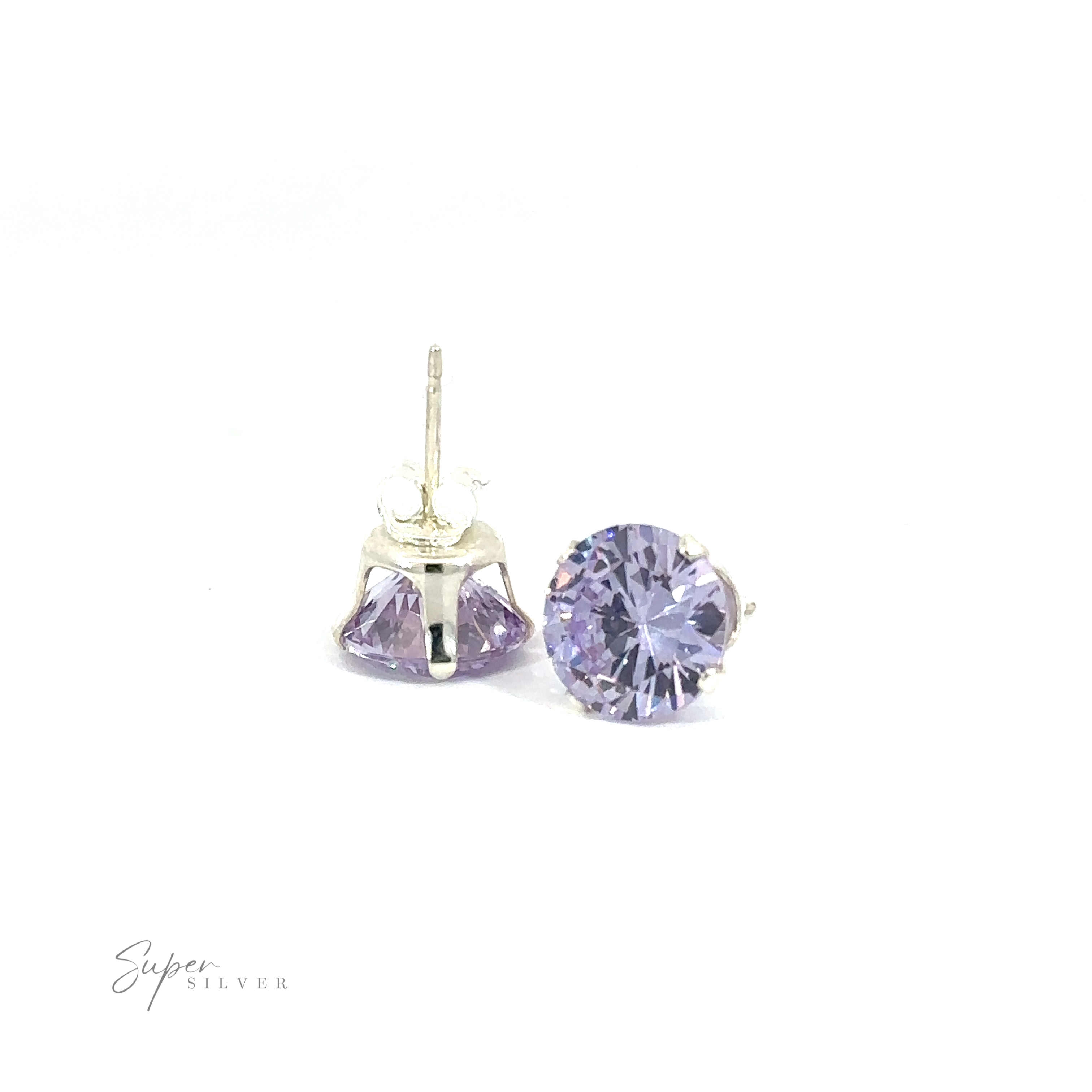 A pair of purple Round CZ stud earrings on a white background.