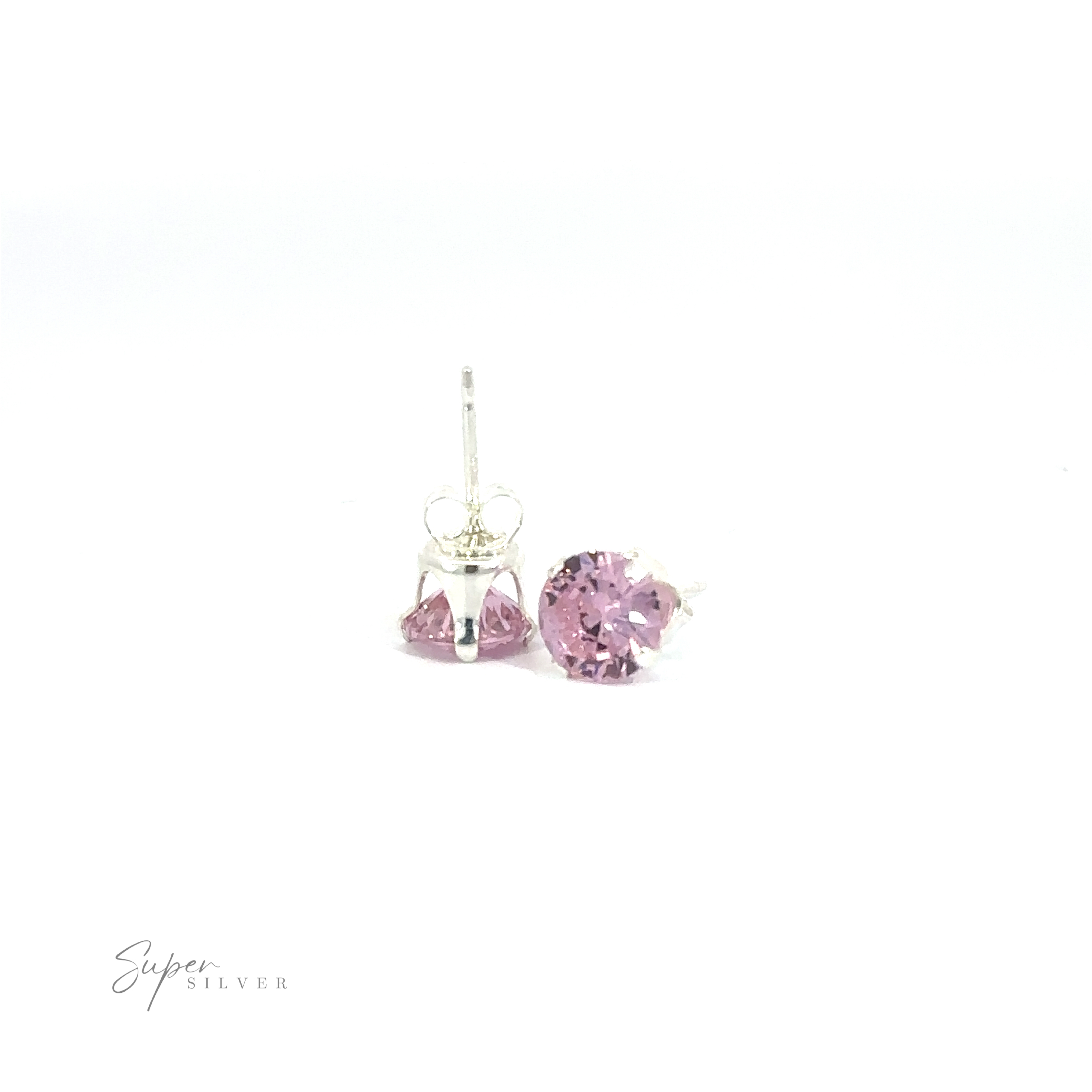 A pair of silver Round CZ Studs on a white background.