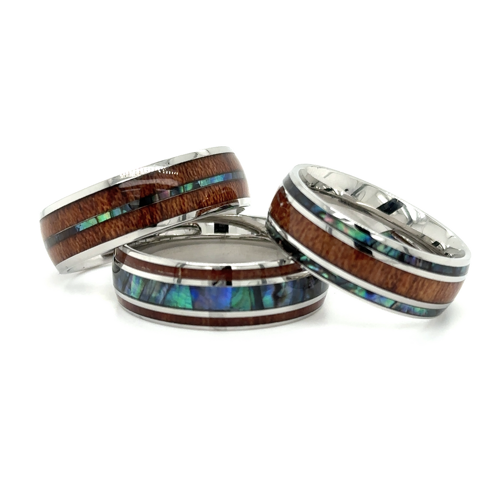 Three Super Silver men's Abalone and Koa Wood Stainless Steel Rings.