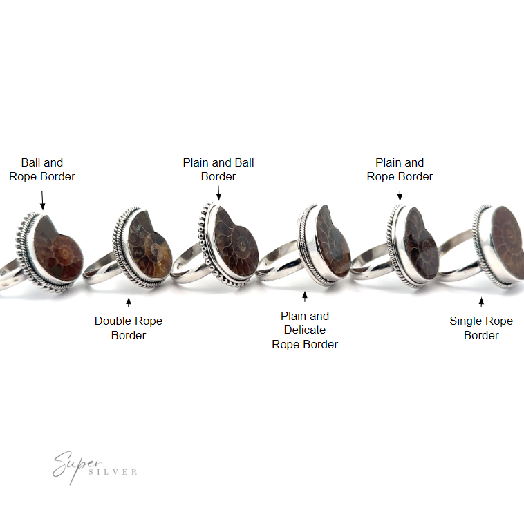 
                  
                    A collection of Beautiful Nautilus Shell Rings with fossilized insets, each featuring different border designs and natural variation.
                  
                