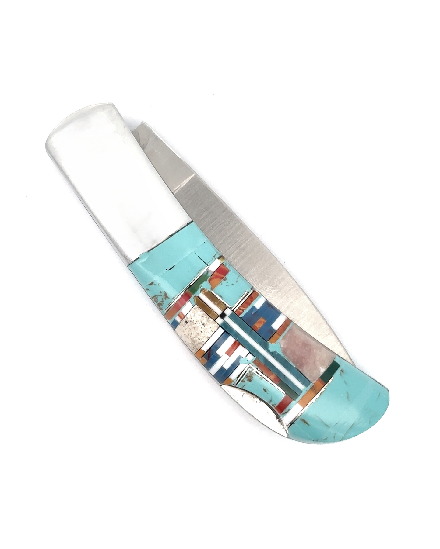 
                  
                    The Intricate Inlay Southwest Pocket Knife features a closed design with a decorative handle, showcasing turquoise stones and a geometric pattern indicative of Southwest style.
                  
                